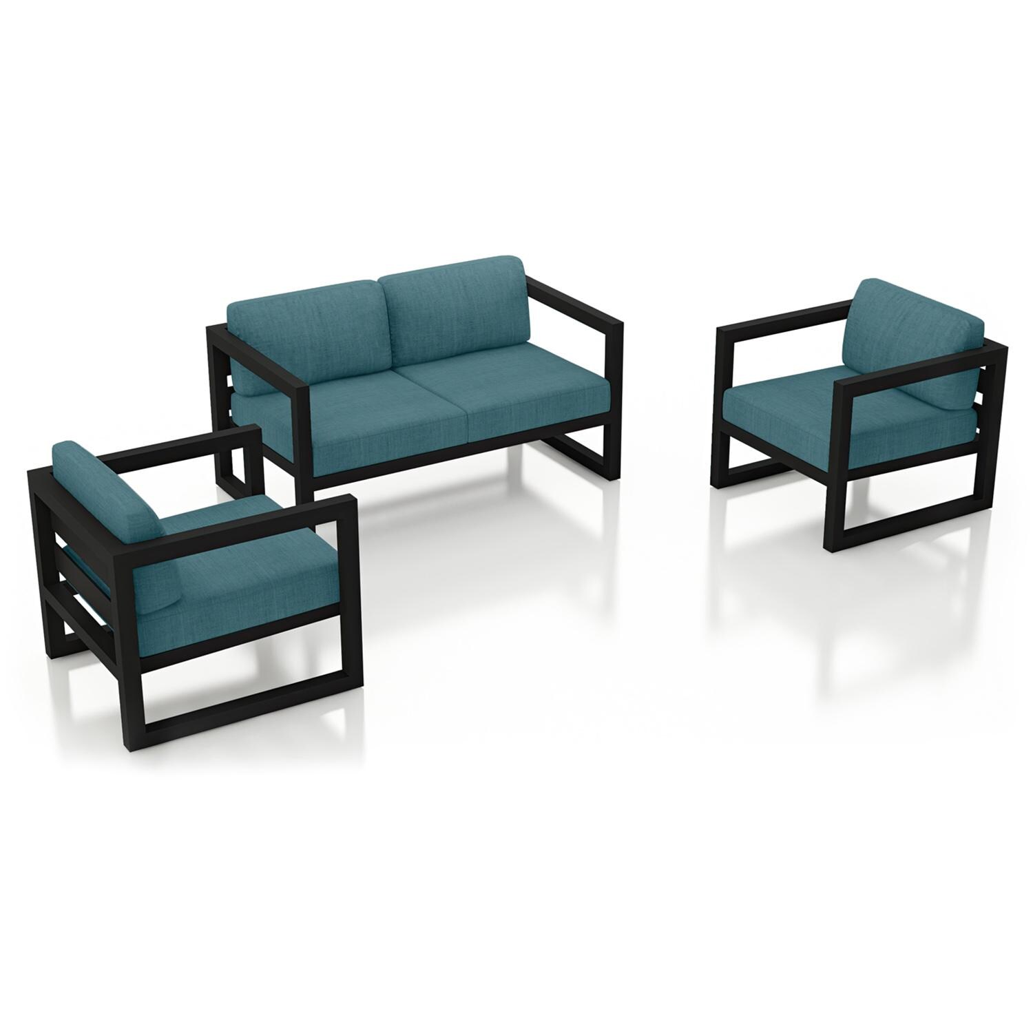 Lakeview MSTYCV-BK-3LSS-CL Misty Cove 3 Pc Aluminum Seating Set in Black w/Loveseat & Cast Lagoon Cushions by Lakeview Outdoor Designs - Set Angled View - White Background thumbnail