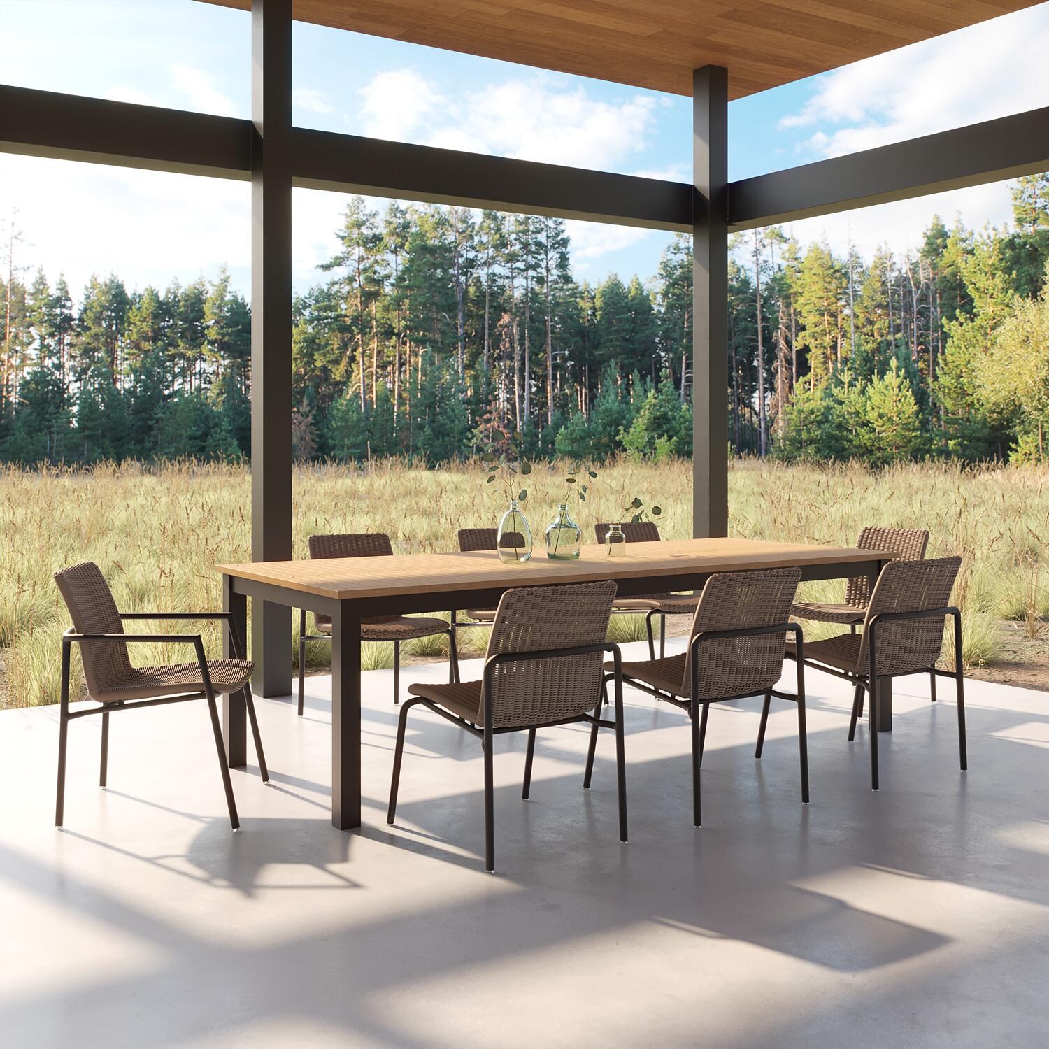 Oxford Garden Orso 9 Pc Wicker & Aluminum Dining Set W/ Natural Tekwood Table Top in Carbon/Sand thumbnail