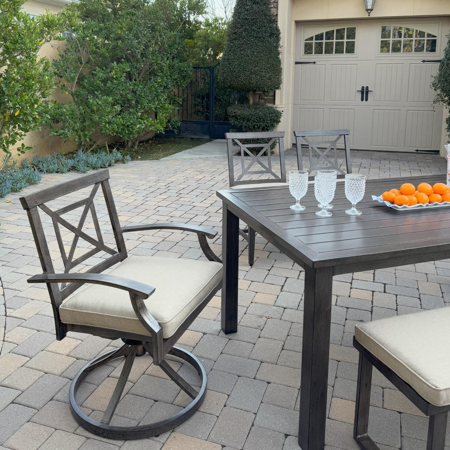 Atlantis 6 Pc Aluminum Dining Set w/ 2 Dining Side Chairs, 2 Swivel Rocker Dining Arm Chairs & Two Person Bench in Walnut/Beige by Darlee - Swivel Rocker Chair - Lifestyle thumbnail