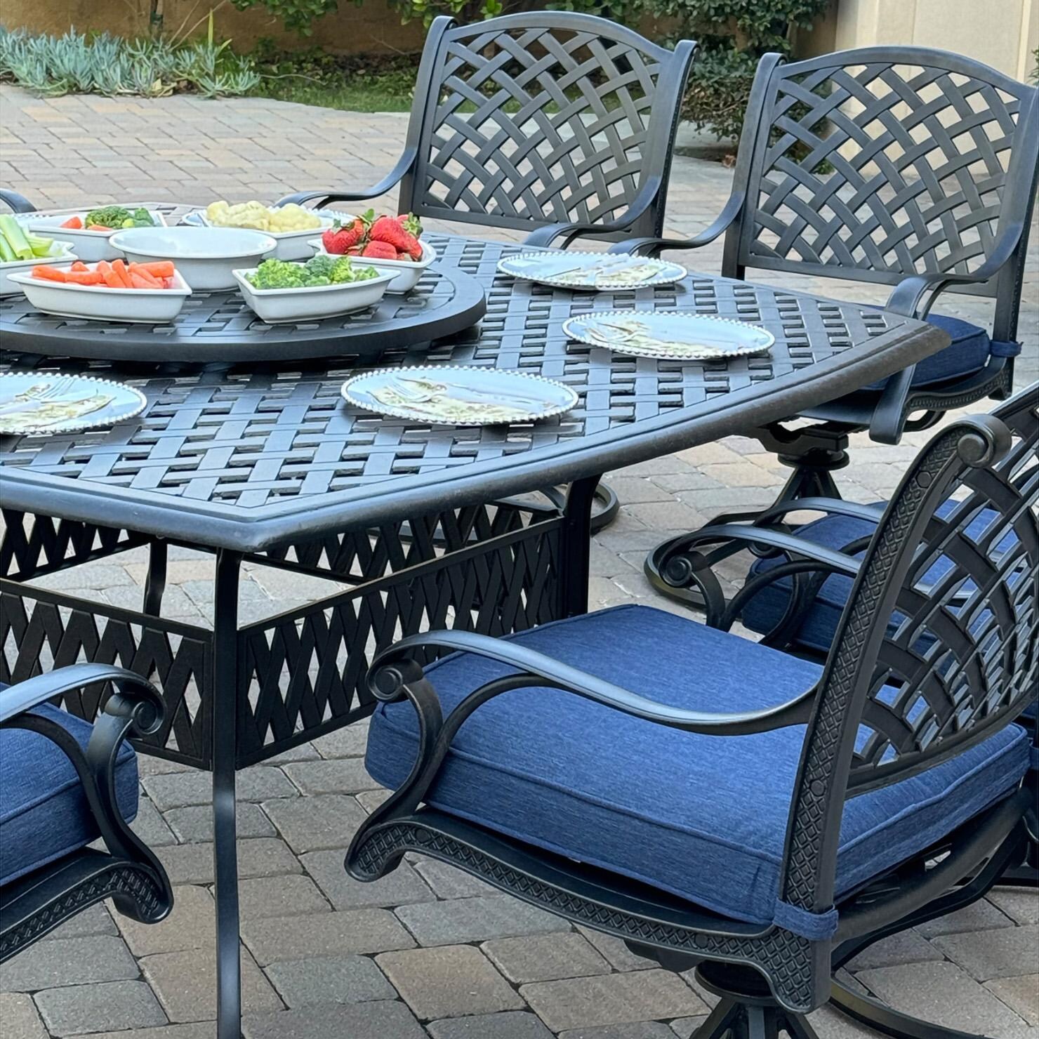 Darlee B/DL13-10PCAR-30W3930-N Nassau 10 Pc Cast Aluminum Dining Set in Antique Bronze w/ Navy Cushions - Table Angle - Lifestyle thumbnail