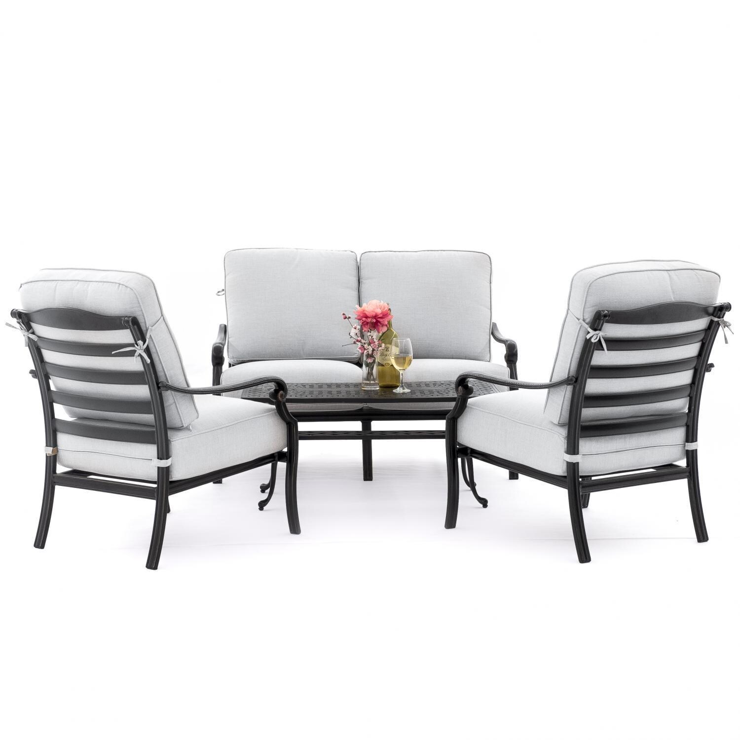 Du Monde 4 Piece Cast Aluminum Outdoor Conversation Set W/ 42 X 21 Inch Coffee Table, Loveseat & Cast Silver Cushions thumbnail