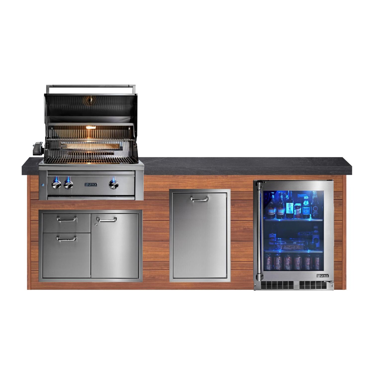 BBQGuys Signature 8ft Luxury Outdoor Kitchen w/ Lynx Professional 30-Inch Natural Gas Grill & Refrigerator - Light National Walnut Aluminum w/ Black Polished Granite