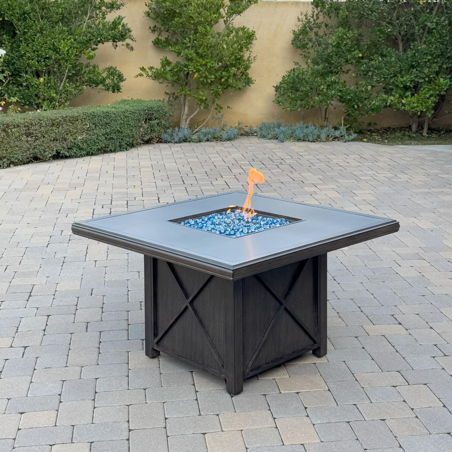 Atlantis 6 Pc Aluminum Fire Pit Seating Set w/ 2 Swivel Rocker Club Chairs, 2 Ottomans & Sofa in Walnut/Spa by Darlee - Fire Pit Table Flame - Lifestyle thumbnail