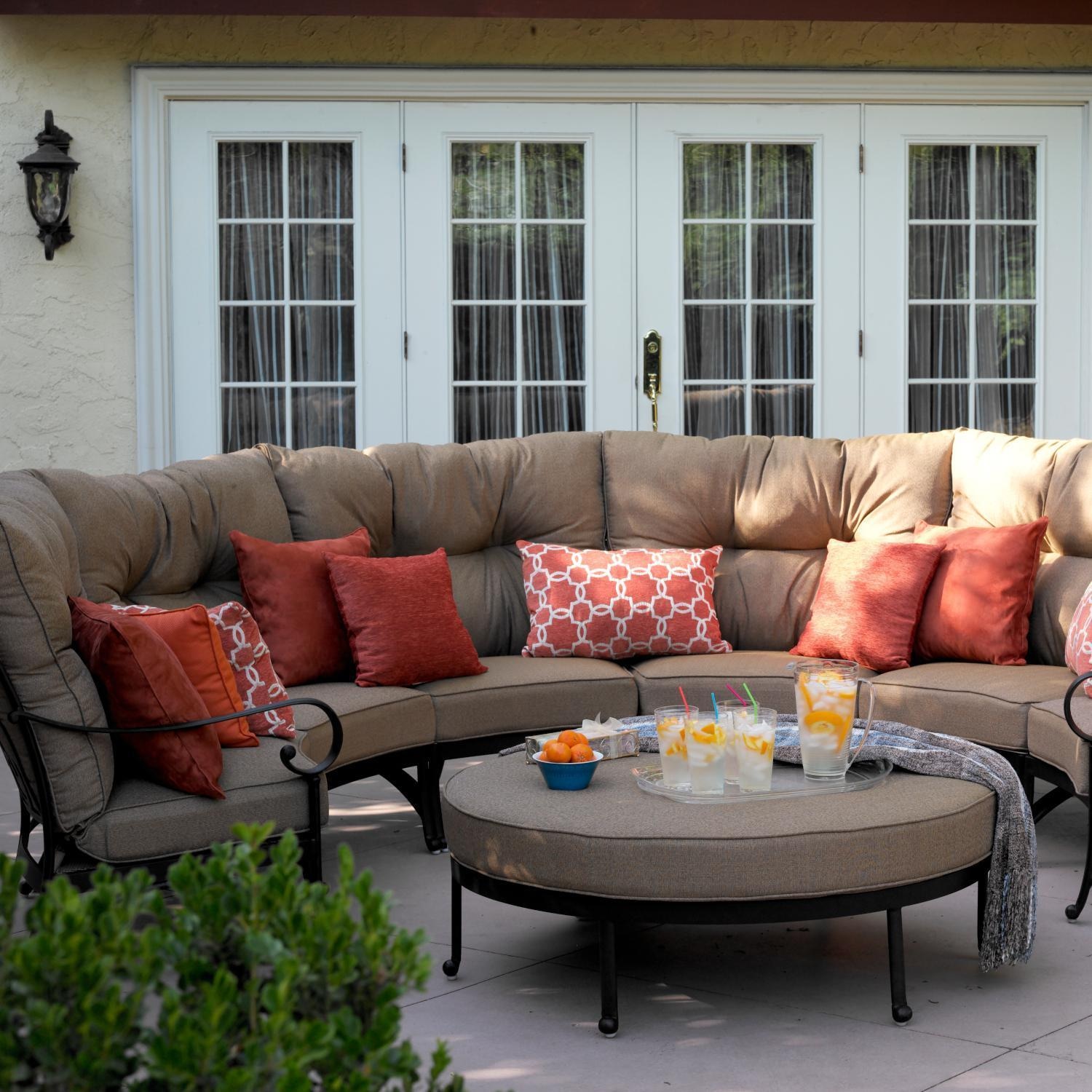 Santa Anita 7 Pc Cast Aluminum Patio Sectional Sofa w/ Round Ottoman & Sesame Sunbrella Cushions by Darlee - Back Patio - Lifestyle thumbnail