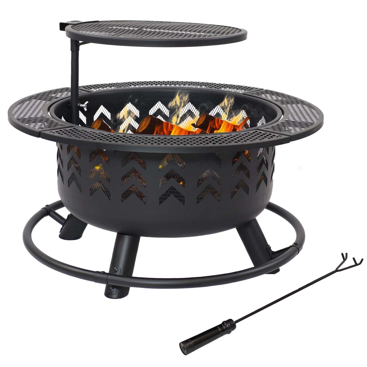 33 Inch Round Steel Wood Burning Fire Pit & Grill in Black By Ultimate Patio - White Background thumbnail
