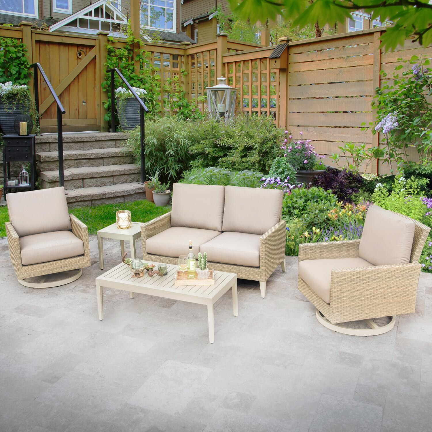 Lafitte 5 Piece Wicker Patio Conversation Set W/ Swivel Club Chairs & Sunbrella Canvas Taupe Cushions By Lakeview Outdoor Designs thumbnail