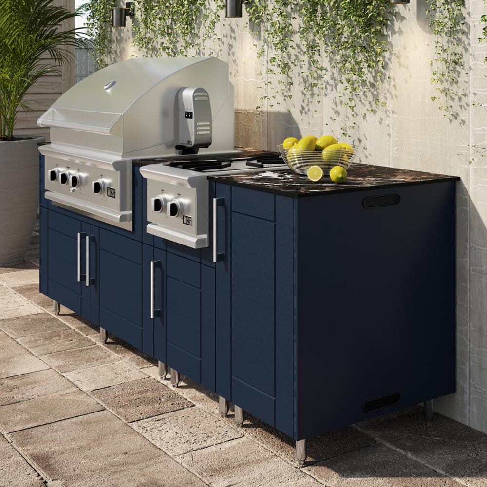 WeatherStrong Abaco 7 Ft Outdoor Kitchen Island w/ Blaze Natural Gas Grill & Side Burner in Sapphire Blue/Midnight Ice - On Patio - Lifestyle thumbnail