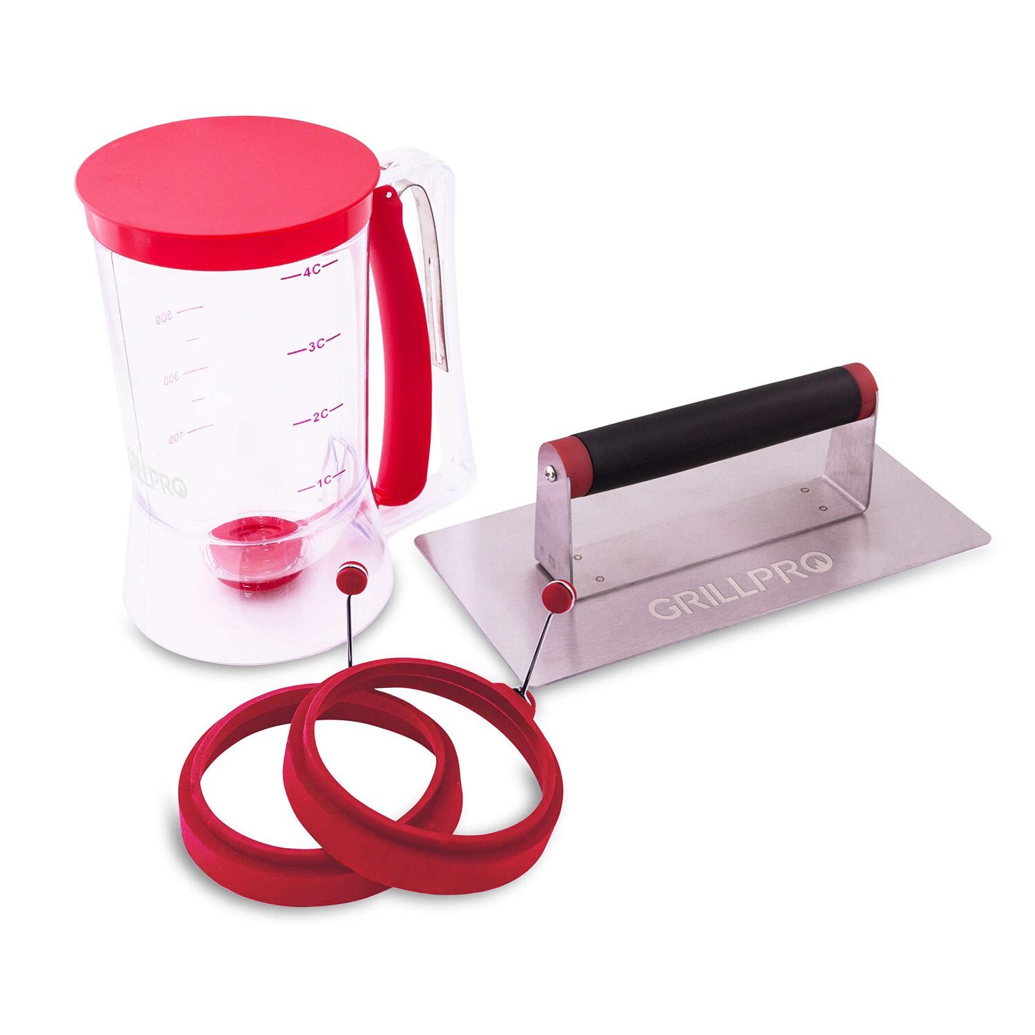 GrillPro Griddle Kit w/ Batter Dispenser, 2 Egg Rings & Stainless Steel Press - 91204 - Kit - White Background thumbnail