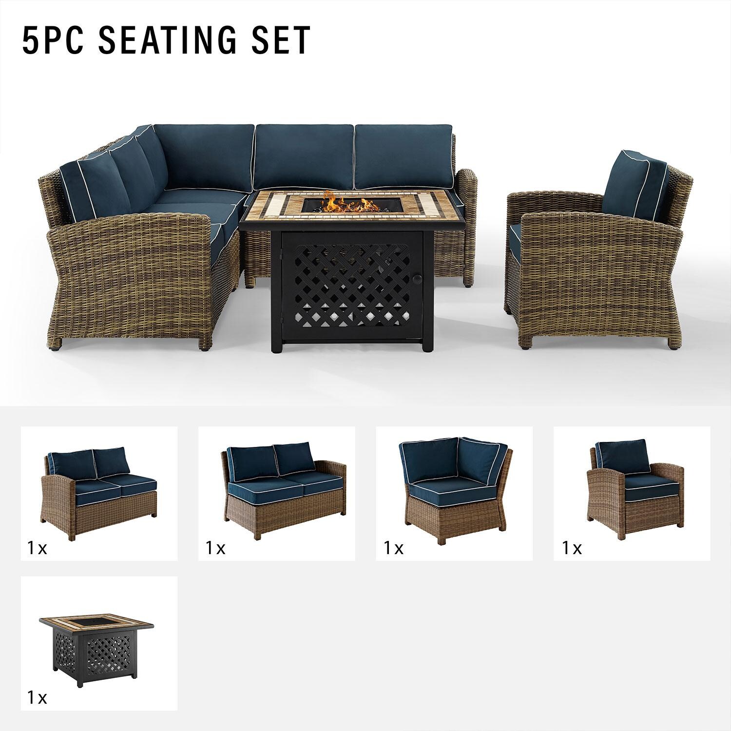 Ultimate Patio UP-92392-NV 5Pc Wicker Outdoor Sectional Set W/ Fire Table in Navy - Included in Set (Sectional, Club Chair, & Fire Table) - Diagram thumbnail