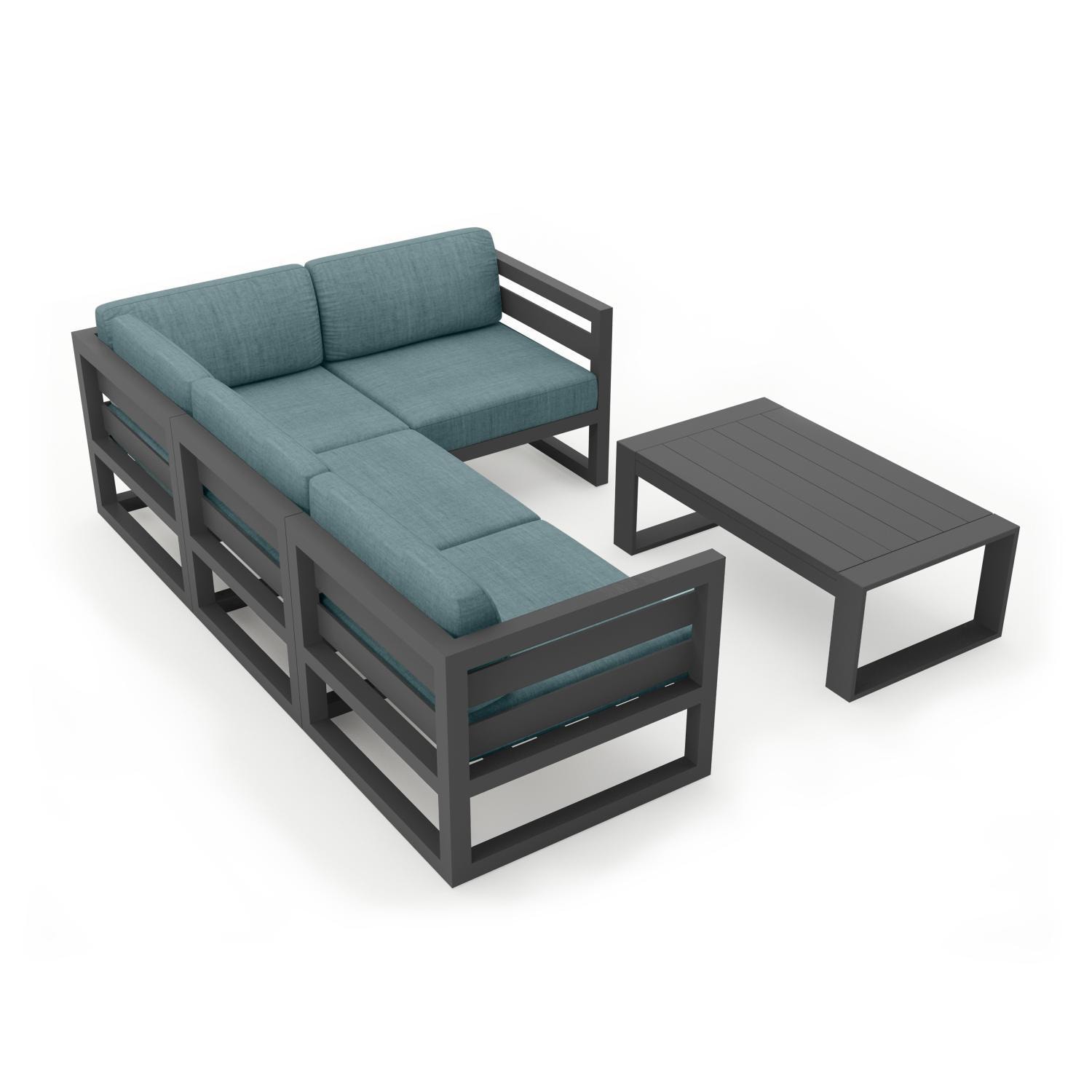 Misty Cove 5 Piece Sectional Set in Slate w/Portal Coffee Table & Cast Lagoon Cushions by Lakeview - Complete Set - White Background thumbnail