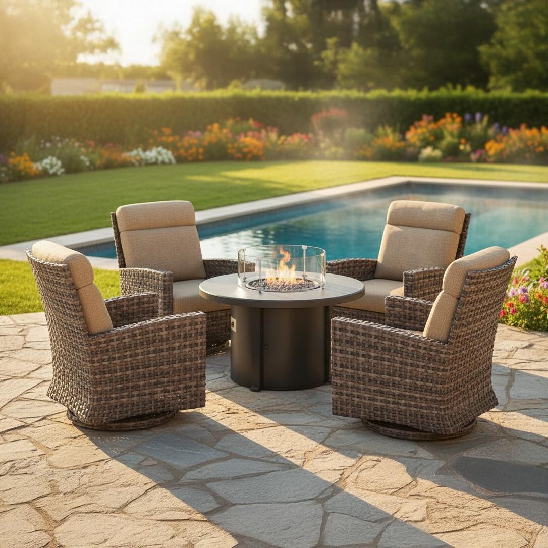 Lakeview NC415HBSG-5PC-CALSILFIRE-SM Cedarlake 5 Pc Wicker Seating Set in Brown/Spectrum Mushroom - On Patio - Lifestyle thumbnail