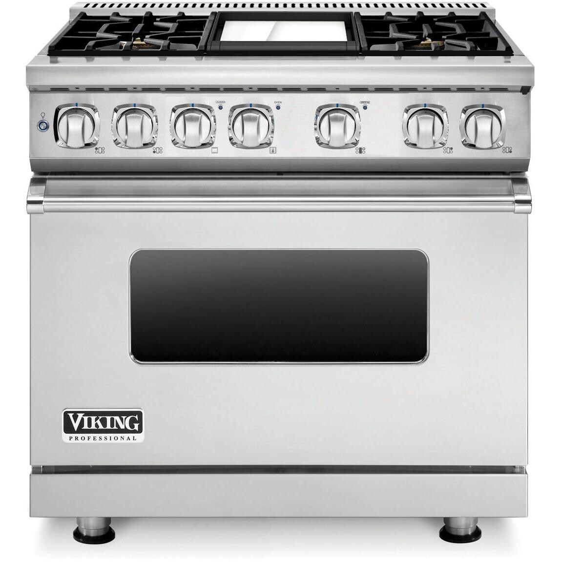 Viking Professional 7 Series 36-Inch 4 Burner Propane Gas Dual Fuel Range With Griddle - Stainless Steel - VDR7364GSSLP - With Backguard thumbnail