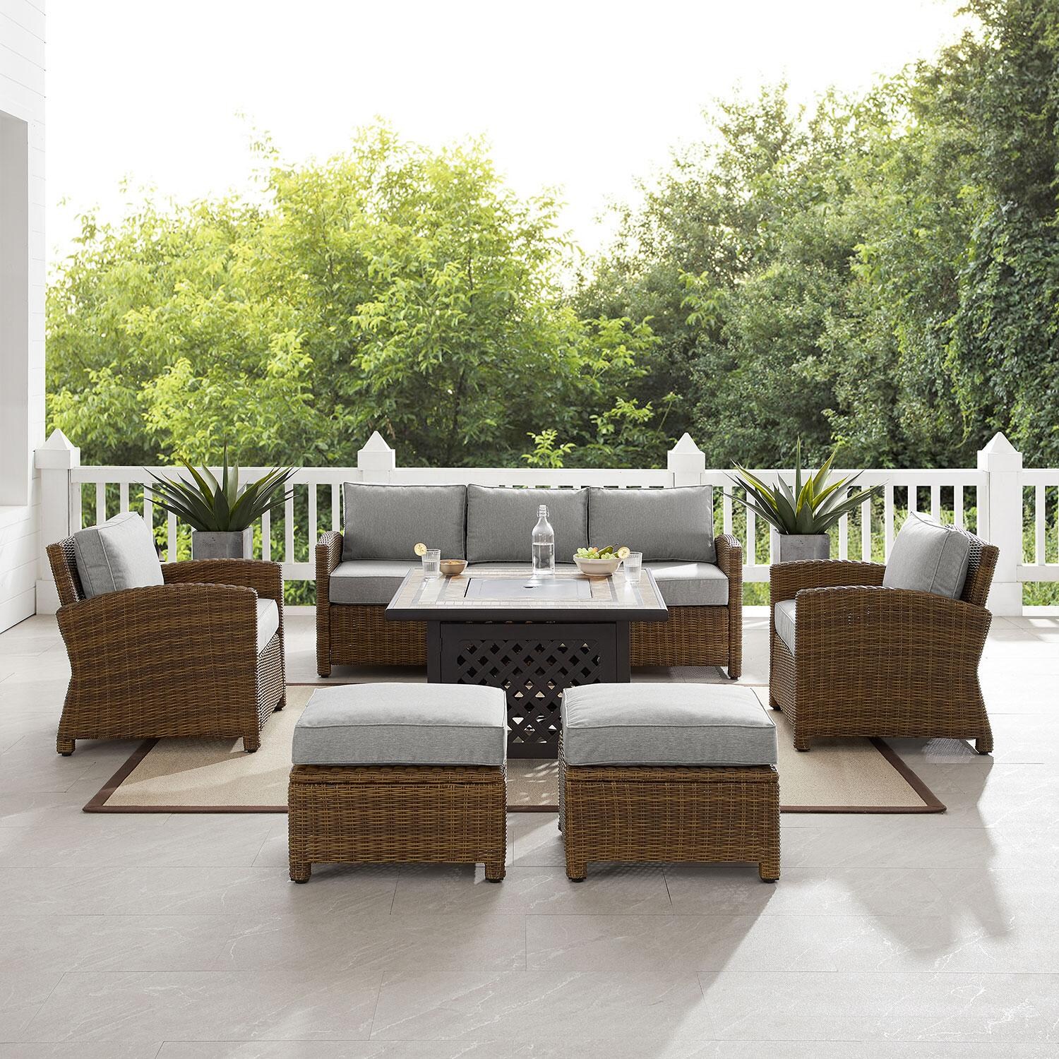 Ultimate Patio UP-92417WB-GY 6Pc Wicker Outdoor Sofa Set in Gray - Front View W/ Fire Pit Off - Lifestyle thumbnail