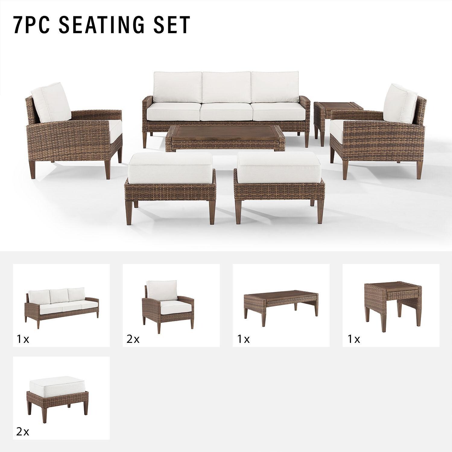 Ultimate Patio UP-92431BR-CR 7Pc Wicker Outdoor Sofa Patio Furniture Set in Creme - Included in Set (Sofa, Two Club Chairs, Two Ottomans, Coffee Table, & Middle Table) - Diagram thumbnail