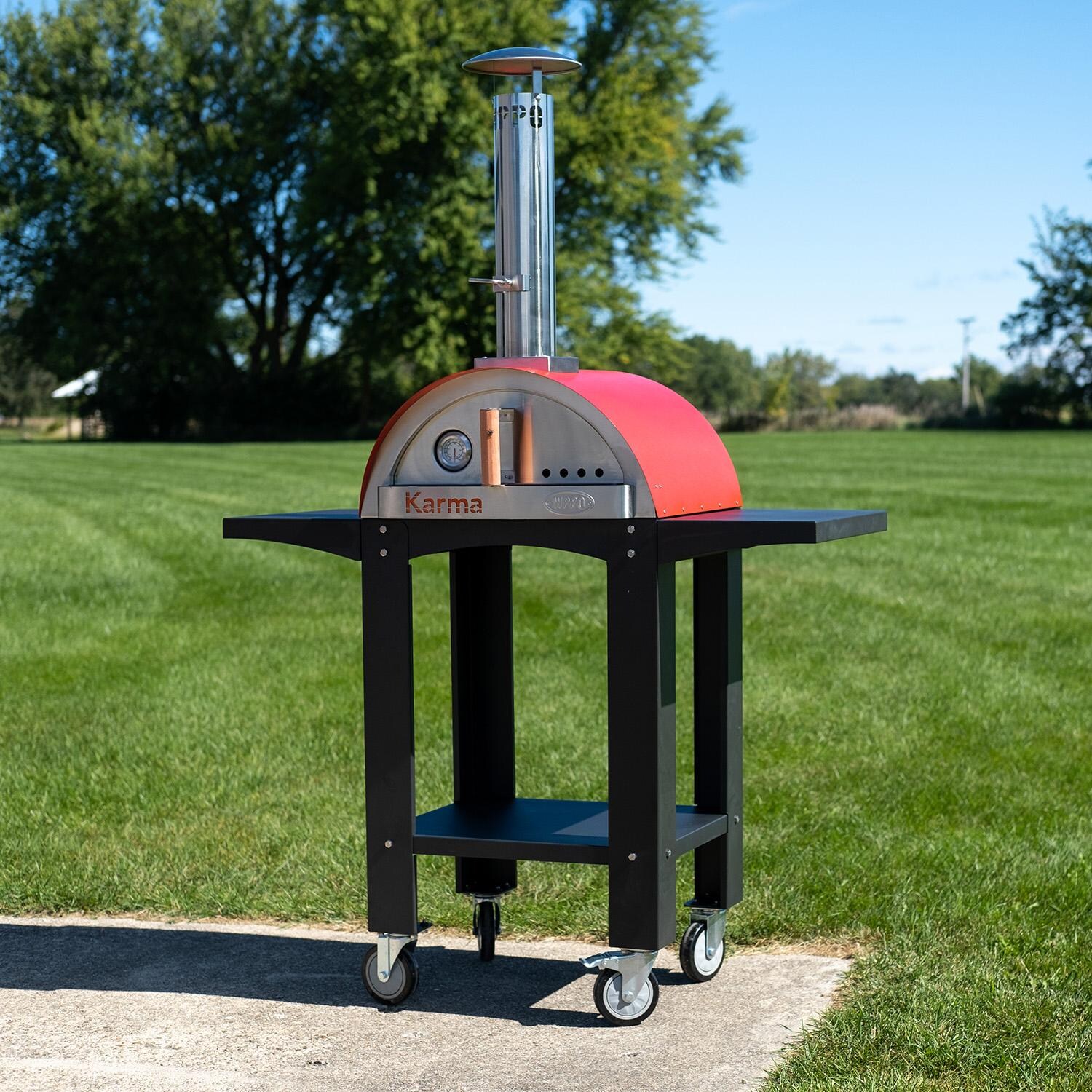 WPPO WKK-01S-WS-Red Karma 25-in Wood Fired Pizza Oven w/ Black Cart - Red - Lifestyle thumbnail