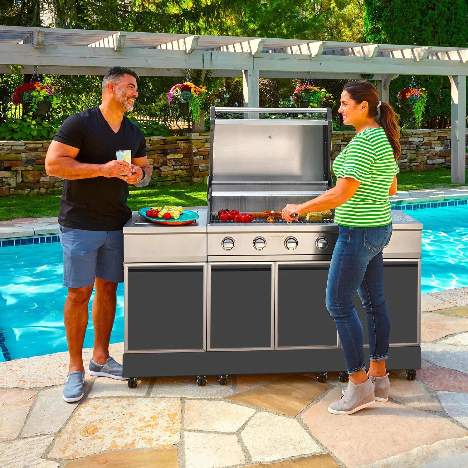 TYTUS TI400PCCLP-3.0.2 Charcoal Grey 4-Burner Natural Gas Grill Island With Sear Burner & Ice Bucket (Ships as Propane with Conversion Fittings) - In Use