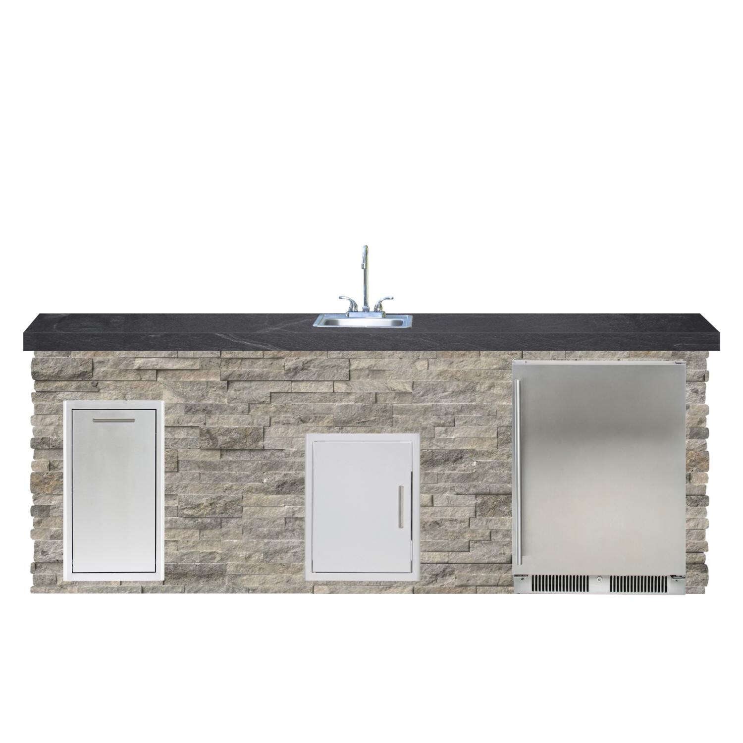 BBQGuys Signature 8ft Luxury Outdoor Island W/ Blaze Outdoor Rated Refrigerator & Summerset 15-Inch Sink - Silver Travertine Stone W/ Black Polished Granite thumbnail