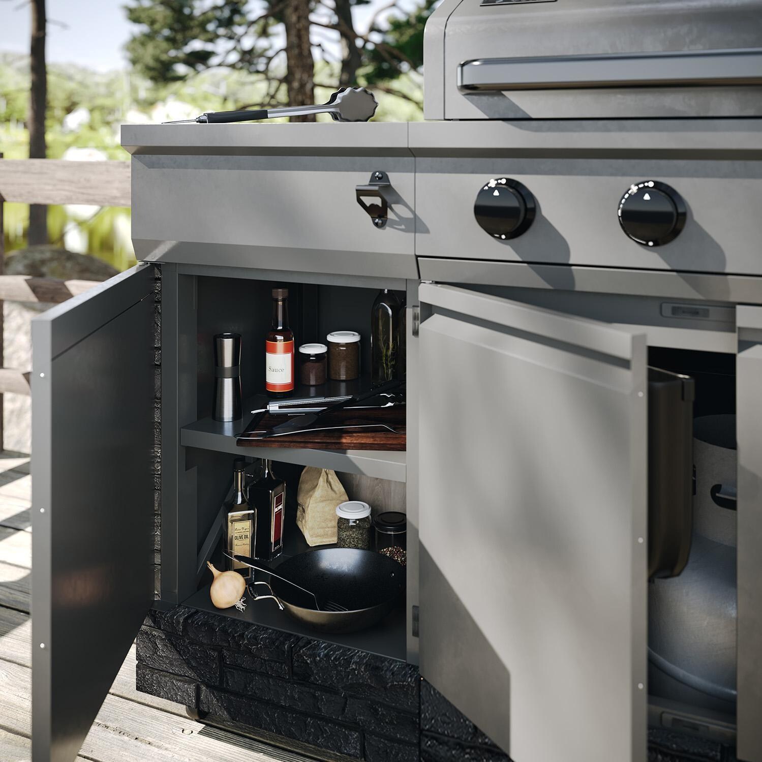 TYTUS Fresno Series Gunmetal Gray & Graphite Stone Natural Gas Grill Island (Ships Propane w/ Conversion Kit) - Left Cabinet - Open - Lifestyle thumbnail