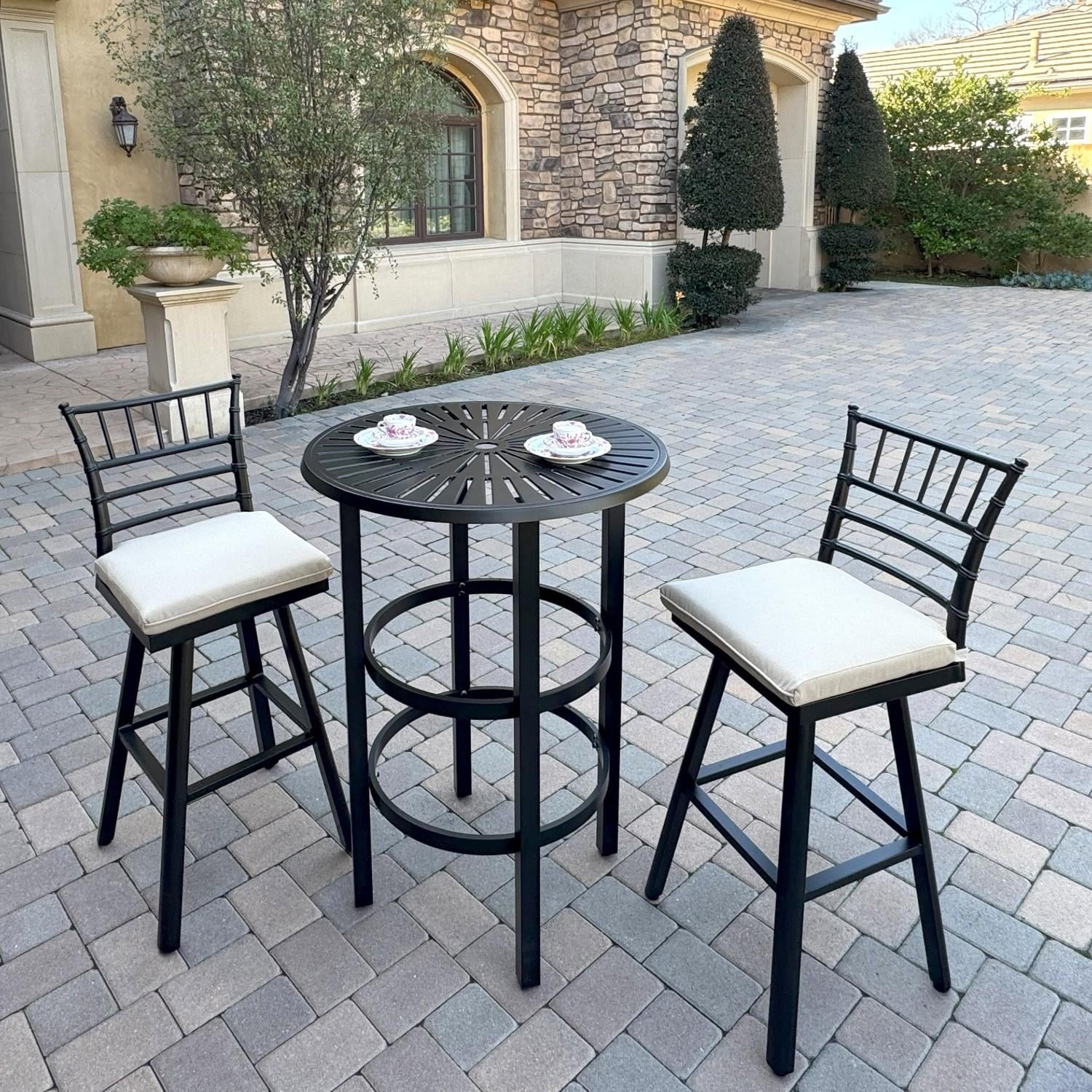 Bella 2 Pc Aluminum Swivel Bar Height Bar Stool Set in Beige/Dark Brown by Darlee - Shown w/ Table (Not Included) - Lifestyle thumbnail