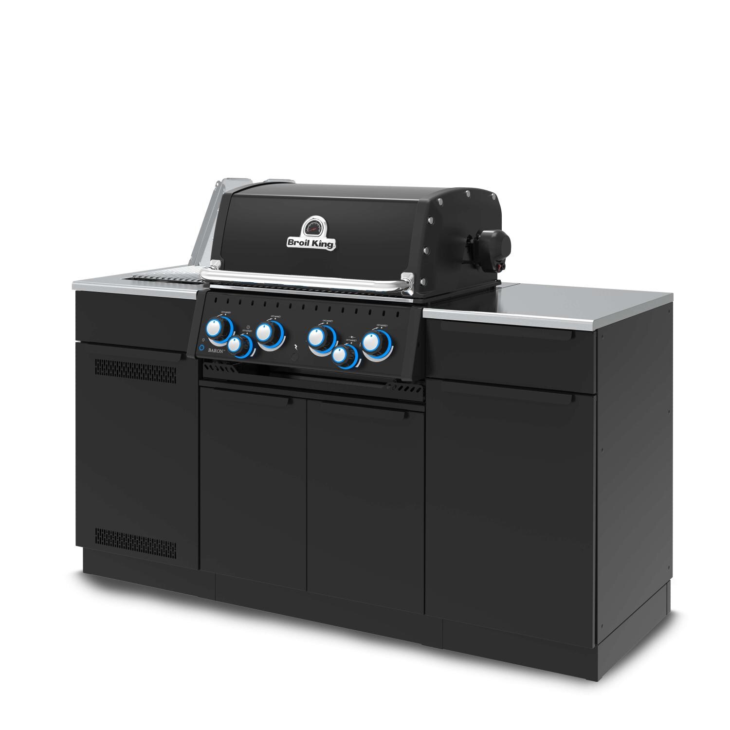 Broil King 875847 Baron 490i Shadow 4 Burner Natural Gas Grill Center - Side Burner Lid Up - Side View - White Background thumbnail