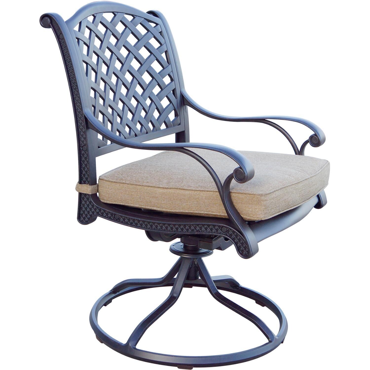 Darlee Nassau 5-Piece Patio Swivel Rocker Dining Set with Sesame Cushions and 36 Inch Square Dining Table - Swivel Chair W/ Cushion - White Background thumbnail