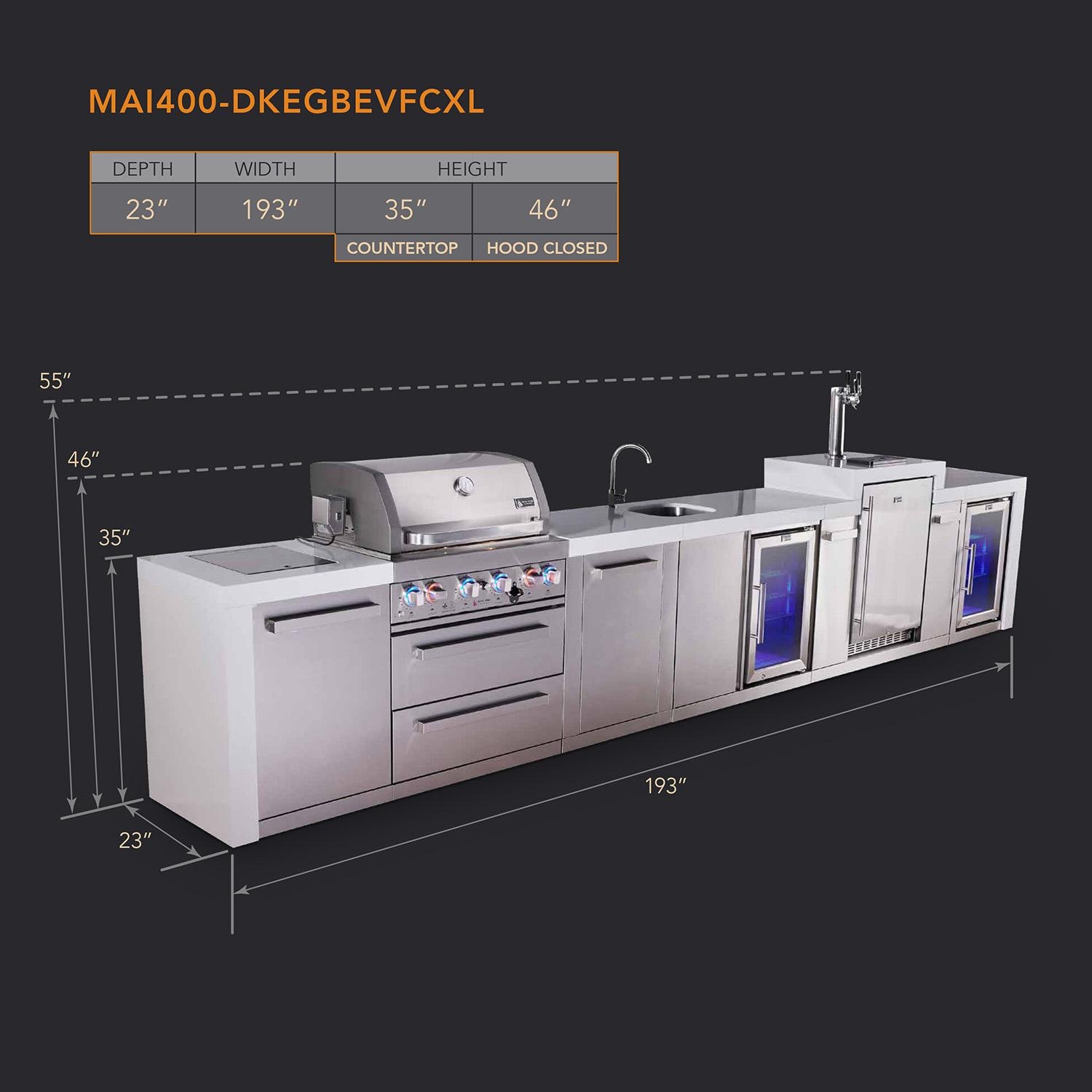 Mont Alpi Deluxe Series 16 Ft Propane Outdoor Kitchen Island w/ 32-in Grill, Side Burner, Beverage Center, Kegerator, Fridge & Extra Door - MAi400-DKEGBEVFCXL - Dimensions - Dimensional thumbnail