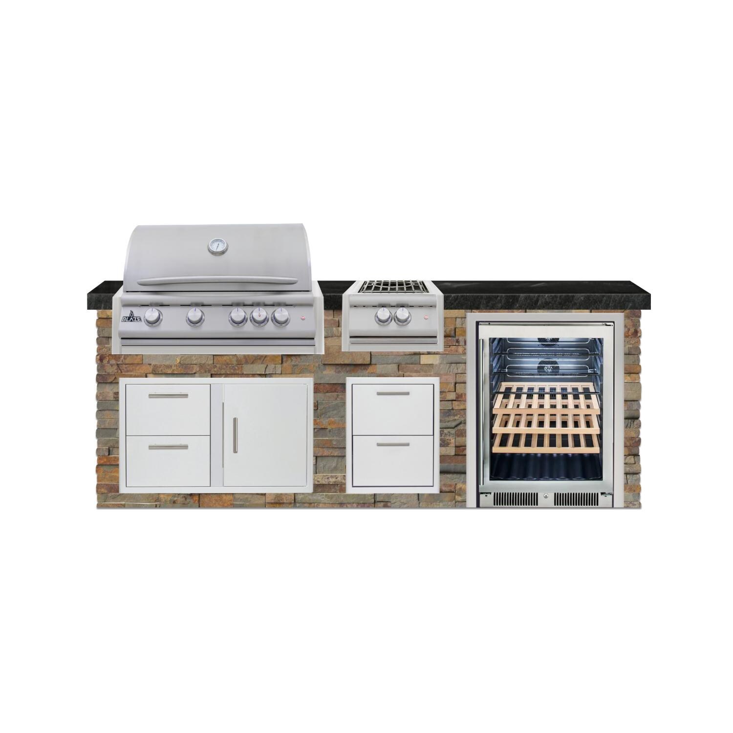 BBQGuys Signature 8 Ft Grill Island w/ 32 Inch Natural Gas Blaze Premium LTE+ Grill Power Burner, Beverage Center, Narrow Trash Bin & Door & Drawer | Gold Rush w/ Black Granite - Front - White Background thumbnail