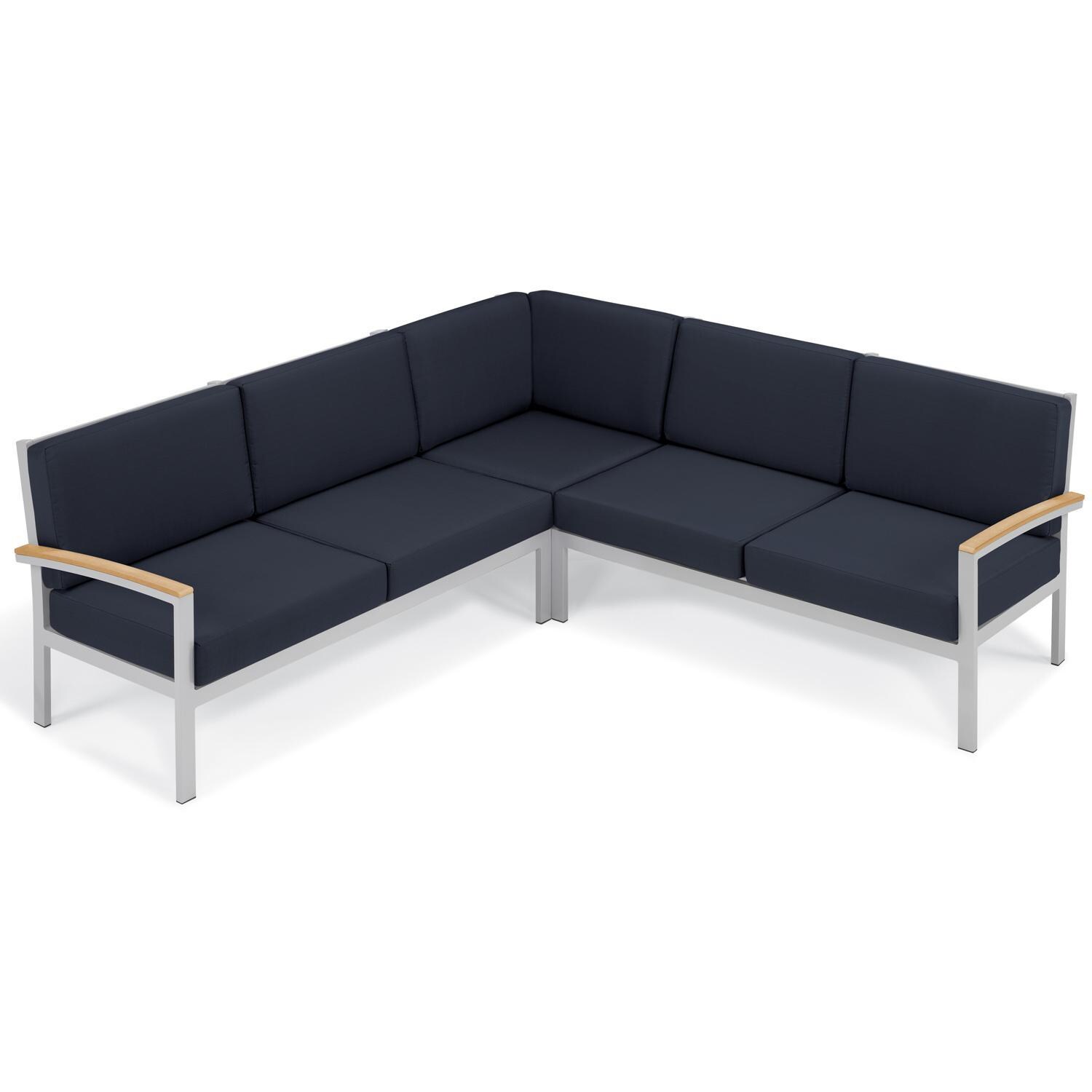 Oxford Garden Travira 2 Person Aluminum Modular Left Loveseat W/ Natural Tekwood Arm Caps in Flint/Midnight Blue - V-Shaped Sectional thumbnail
