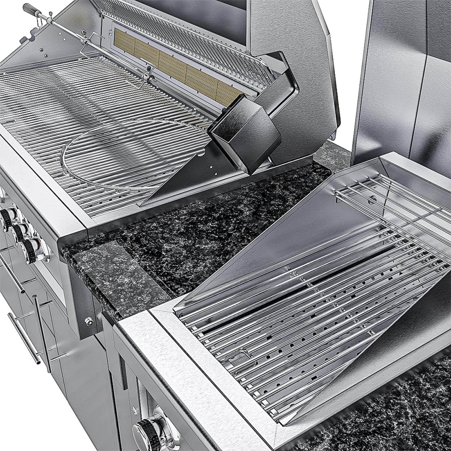 Sunstone Grills SCPGULFBREEZE10.2-NG Gulf Breeze 10 Ft Outdoor Kitchen Island w/ Natural Gas Grill & Side Burner, Sink, Refrigerator, Door & Drawer - Grill Open Up Close - Detail thumbnail