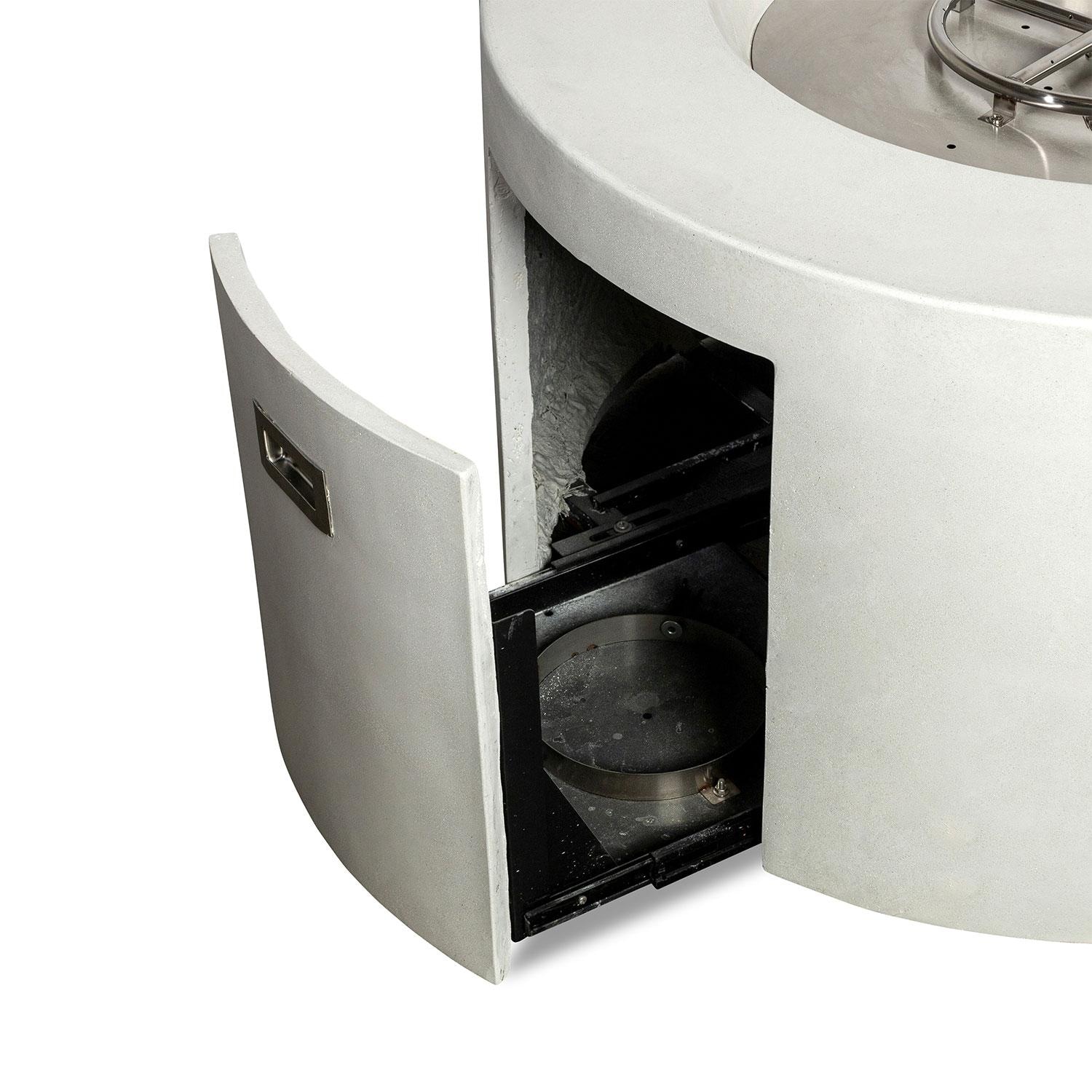 Glenwood 42-in Round Concrete Propane Gas Fire Pit w/ Access Door in White by Lakeview Outdoor Designs - Hidden Propane Tank - Open - White Background thumbnail