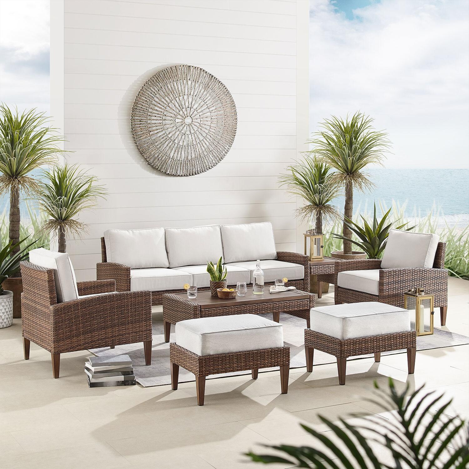 Ultimate Patio Clarkwood 7Pc Wicker Outdoor Sofa Patio Furniture Set in Creme