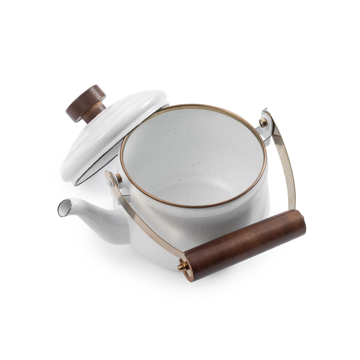 Barebones Living CKW-398 Enamel Teapot - Eggshell - Shown With Lid Off thumbnail