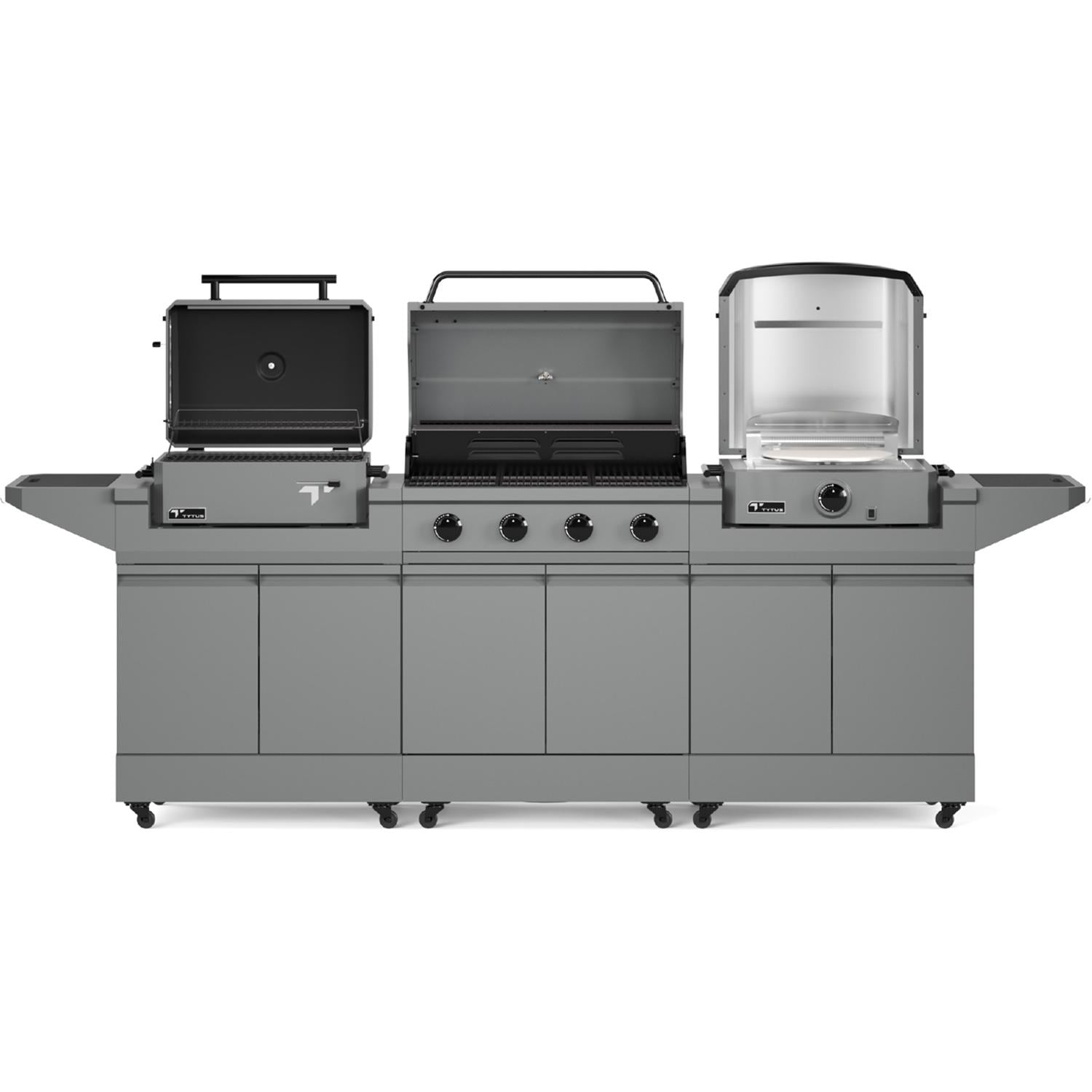 TYTUS TDT-BUN-065 Modular Trio w/ 4-Burner Gas Grill, Charcoal Grill & Gas Pizza Oven - Open - White Background thumbnail