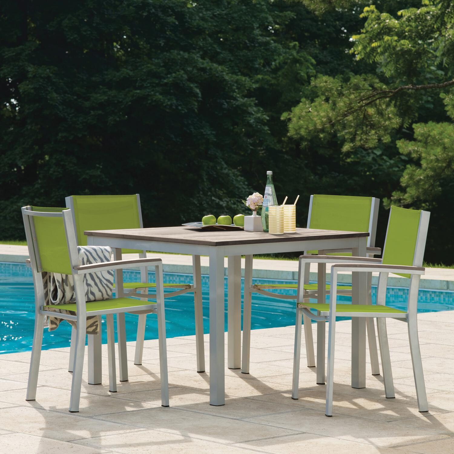 Oxford Garden Travira 4 Pc Composite Sling & Aluminum Dining Chair W/ Vintage Tekwood Arm Caps in Flint/Go Green - Poolside Dining thumbnail