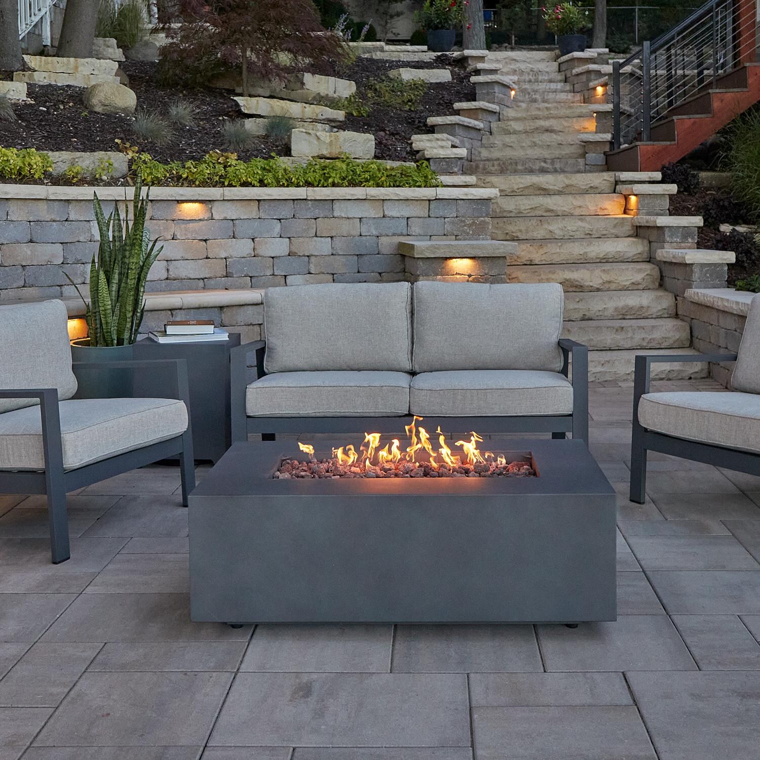 Elysian 42 Inch Rectangular Powder Coated Steel Natural Gas Fire Pit in Weathered Slate by Lakeview Outdoor Designs (Ships Propane w/ Conversion Kit)