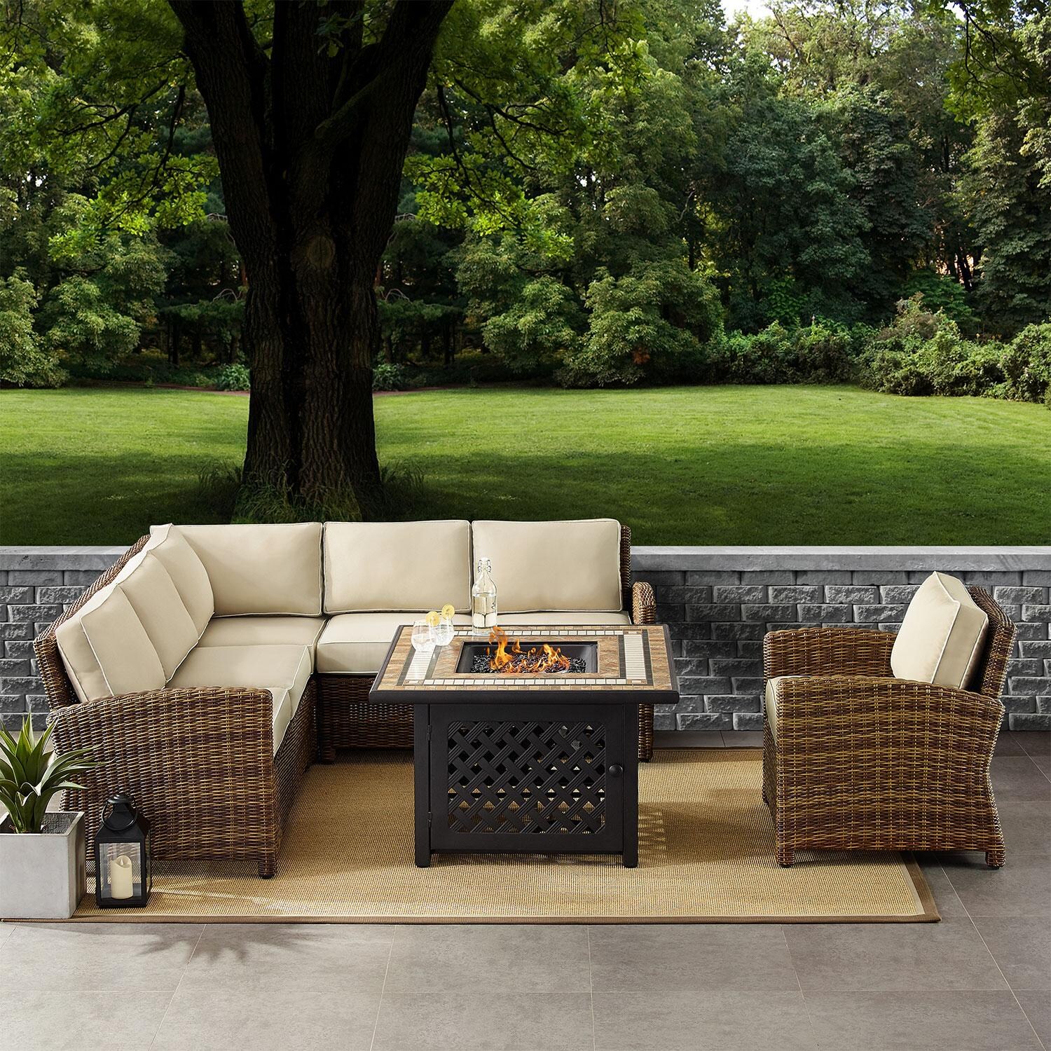Branchwood 5 Pc Wicker Sectional Seating Set w/ Fire Table & Club Chair in Weathered Brown/Sand by Ultimate Patio