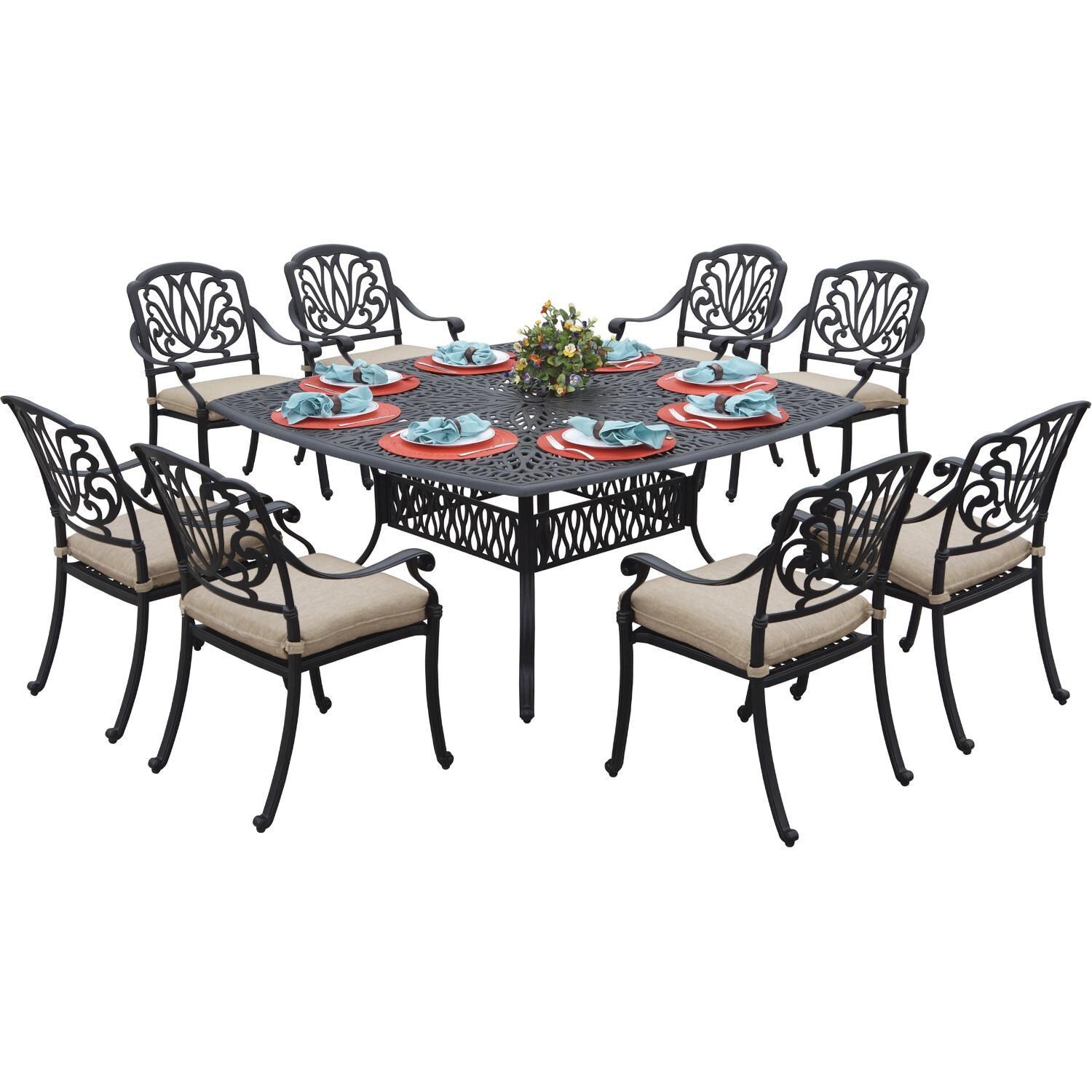 Darlee Elisabeth 9-Pc Dining Set w/ 64-Inch Table in Antique Bronze/Beige Canvas - Full Set - White Background thumbnail