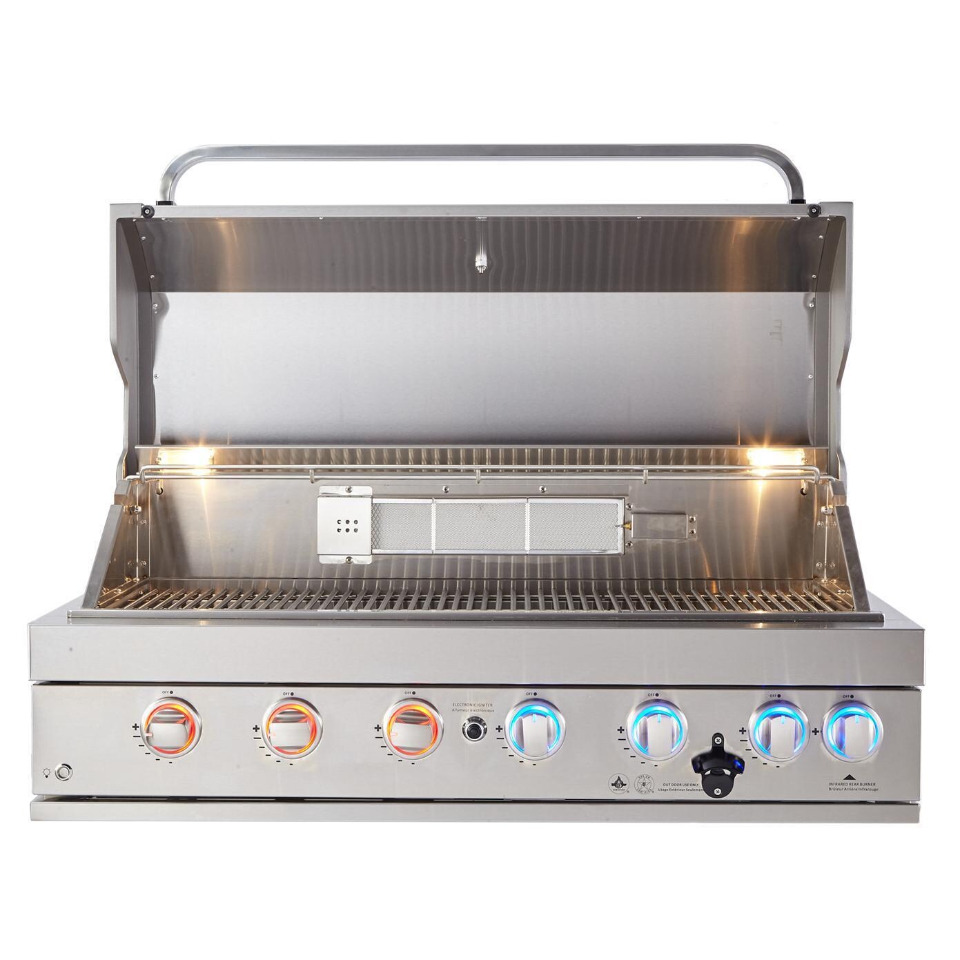 Mont Alpi - MABi805 - 44-Inch Built-In Gas Grill - Open / Knobs Turn Red to Show Burner In Use - White Background thumbnail
