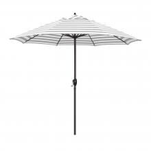 California Umbrella Casa Series 9 Ft Octagonal Aluminum Auto Tilt Patio Umbrella W/ Crank Lift - Bronze Frame / Olefin Gray White Cabana Stripe Canopy