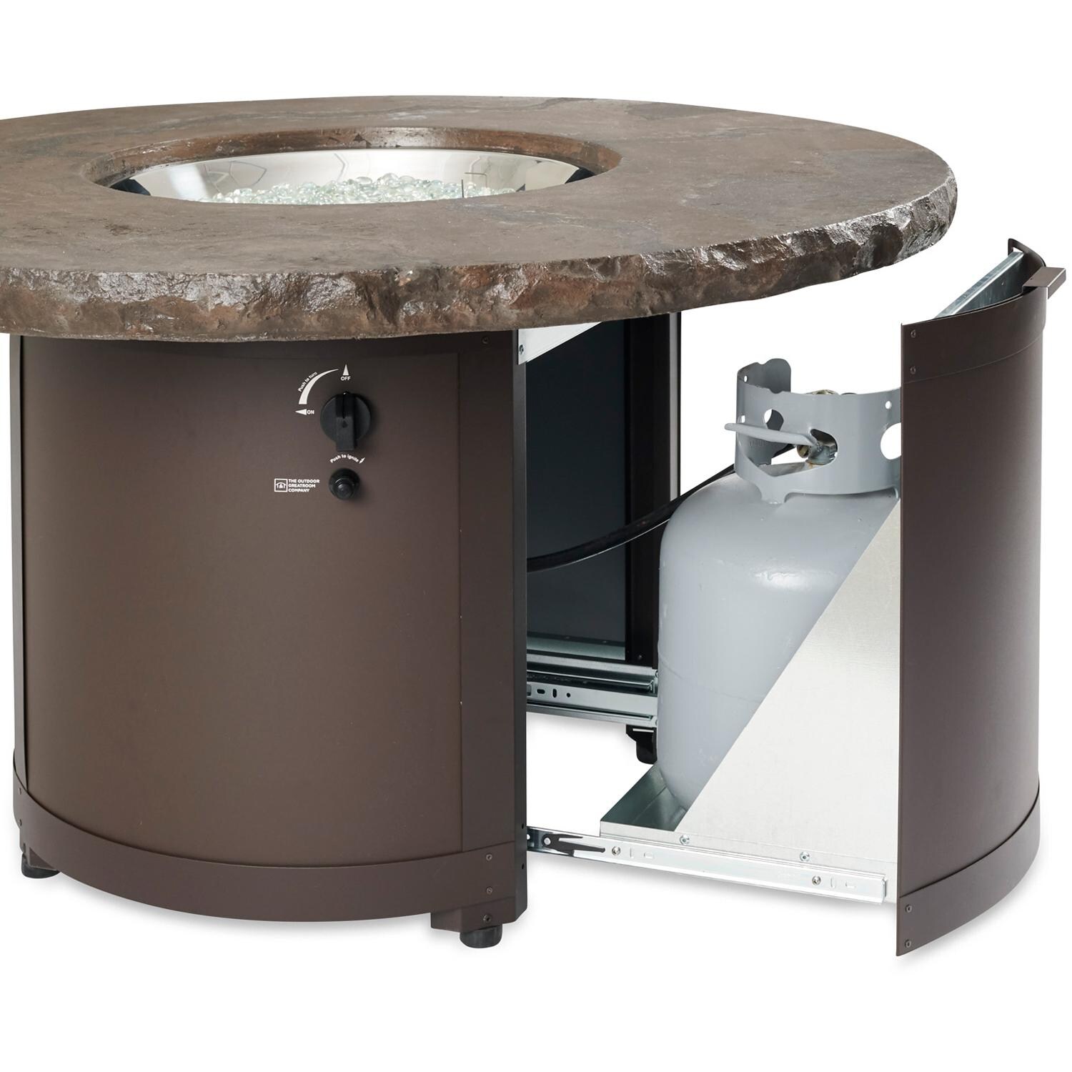 The Outdoor GreatRoom Company Beacon BC-20-MNB 48-Inch Round Propane Gas Fire Pit Table with 20-Inch Crystal Fire Burner - Marbleized Noche - Slide-Out Propane Storage thumbnail