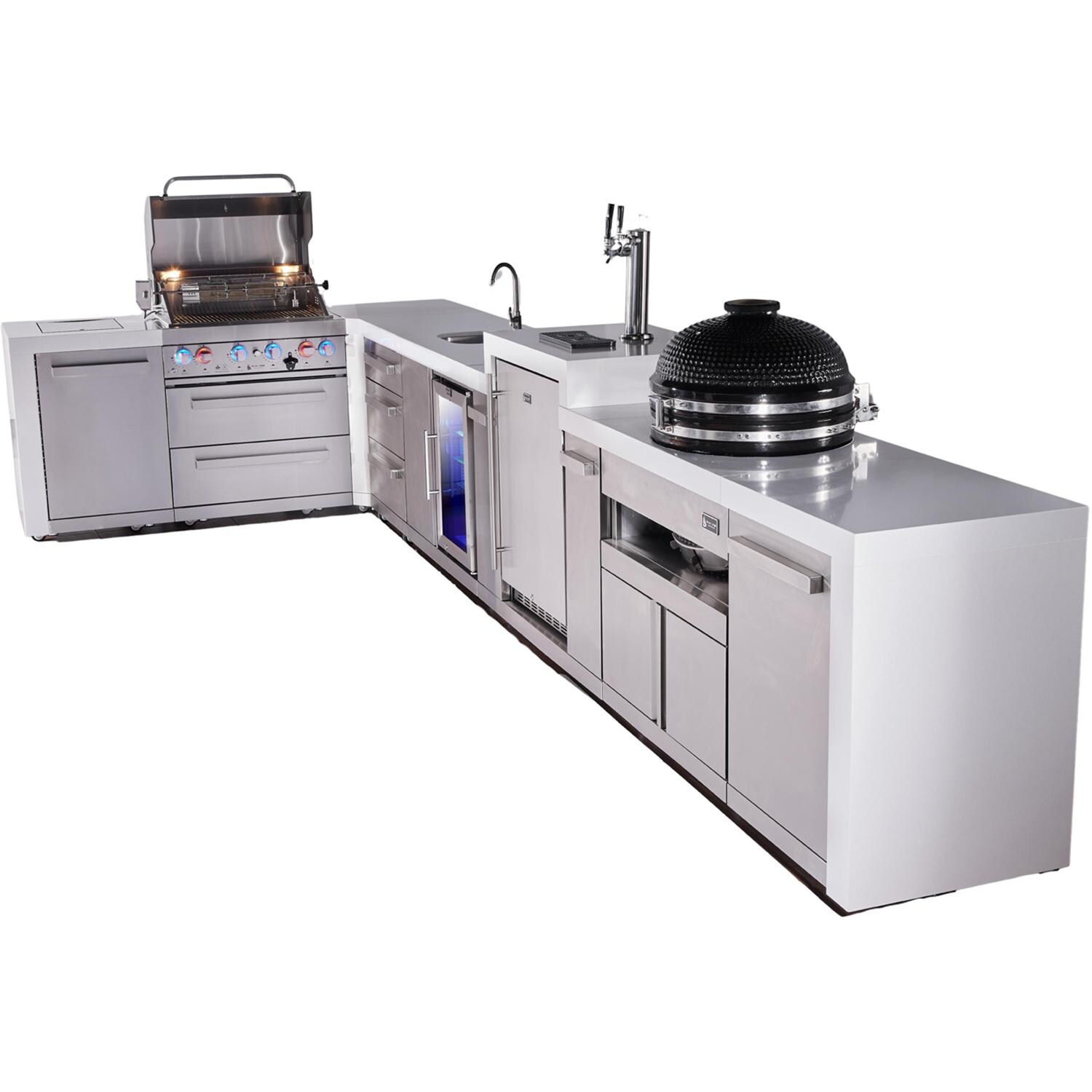 Mont Alpi Deluxe Series 13 1/2 Ft L-Shaped Natural Gas Outdoor Kitchen Island w/ 32-in Grill, Side Burner, Beverage Center, Kegerator, Fridge, Kamado Module & Triple Drawer (Ships Propane w/ Conversion Kit) - Grill Open - White Background thumbnail