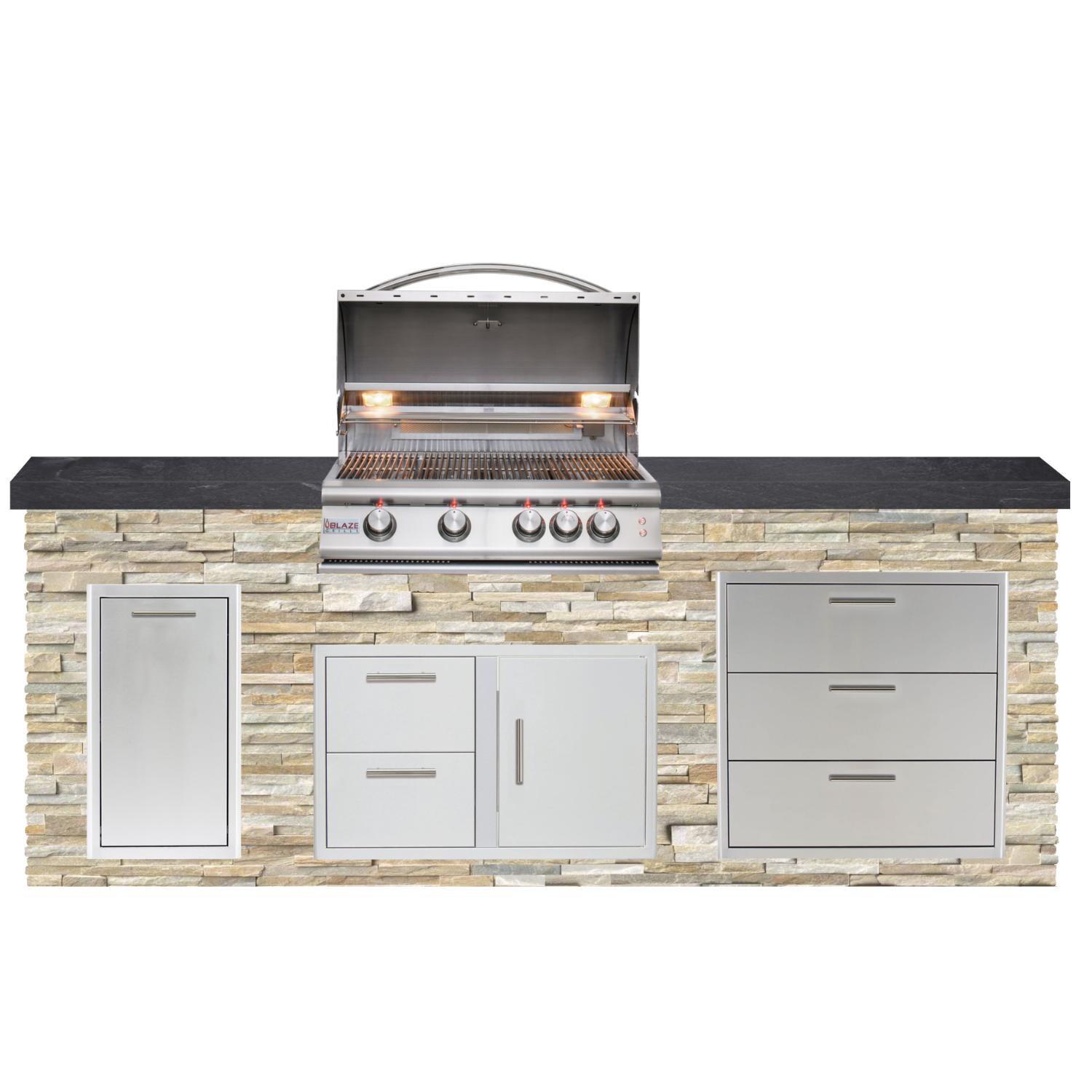 BBQGuys Signature 8ft Luxury Outdoor Island W/ Blaze Premium LTE 32-Inch Natural Gas Grill - Golden Honey Stone W/ Black Polished Granite