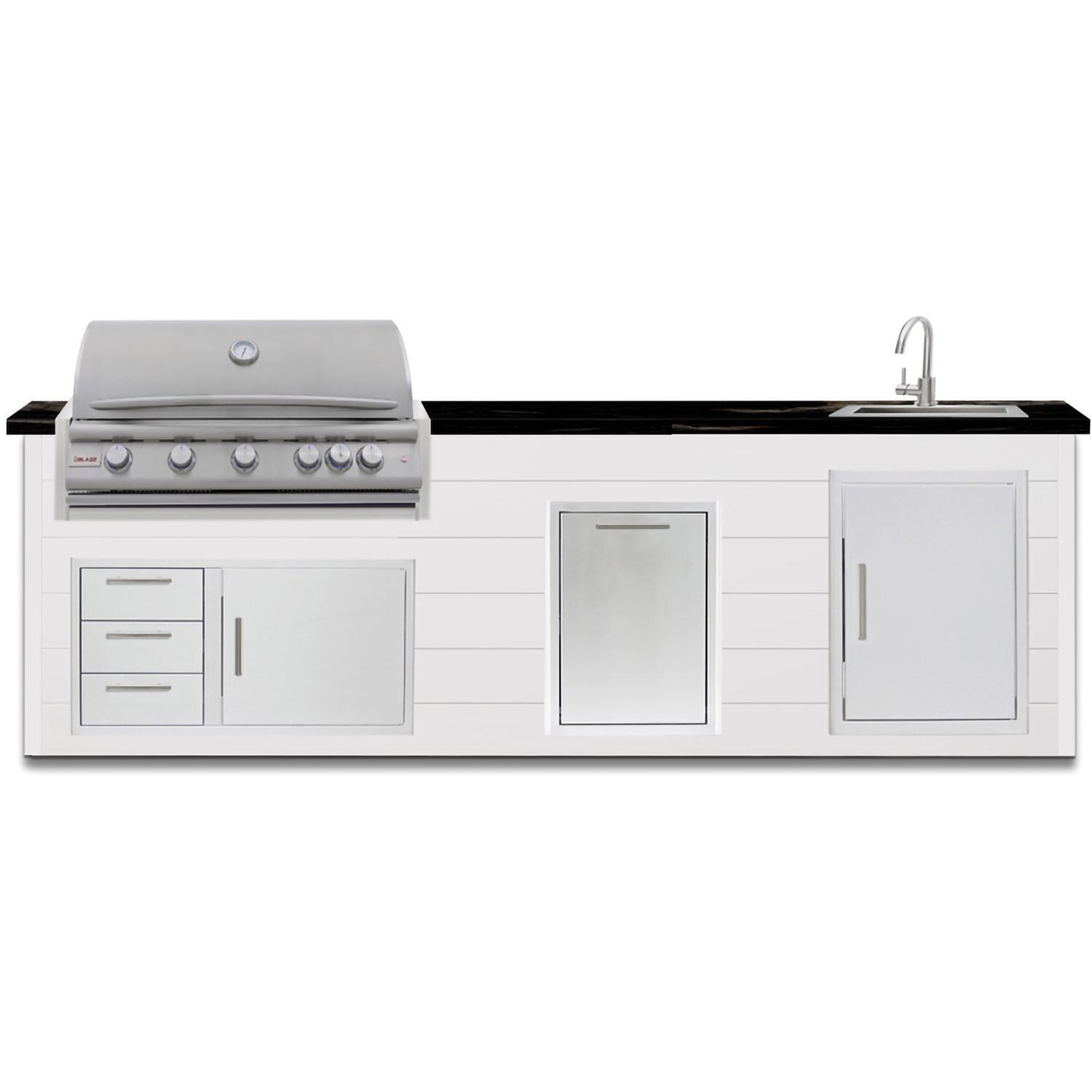 BBQGuys Signature 10 Ft Outdoor Kitchen Island w/ 40 Inch Propane Blaze LTE+ Grill, Sink, & Double Trash Bin | Crystal White w/ Nero Mist Granite