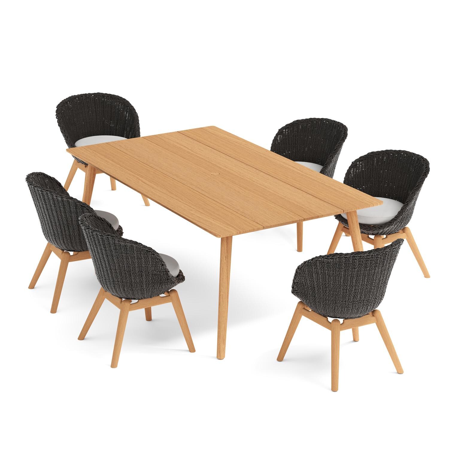 Oxford Garden Tulle 7 Pc Wicker & Natural Teak Dining Set W/ 78 In Rectangular Table in Shadow/Bliss Linen - Top View thumbnail