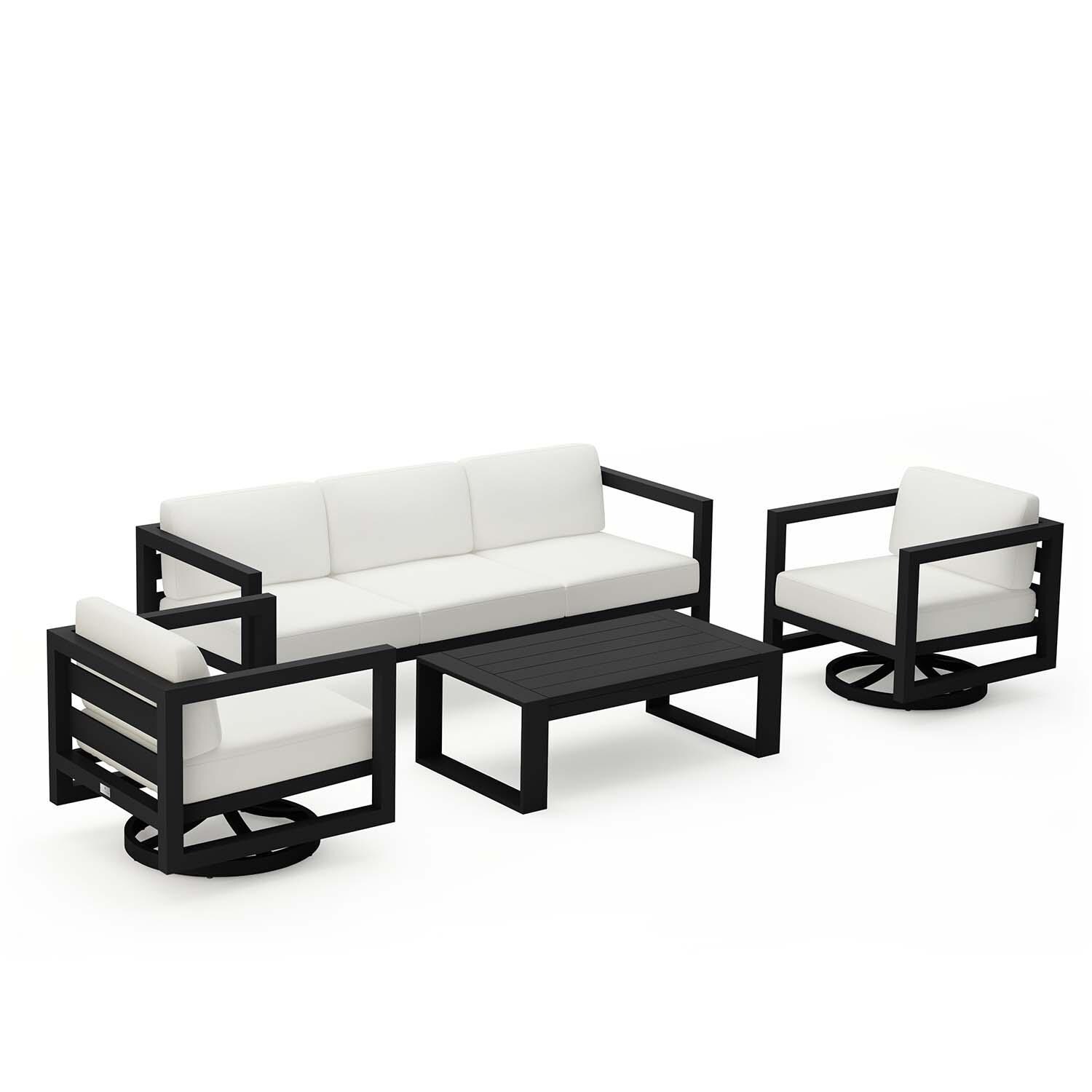 Misty Cove 4 Pc Aluminum Sofa Seating Set w/ Swivel Chairs in Black/Canvas Natural by Lakeview Outdoor Designs - Angled - White Background thumbnail