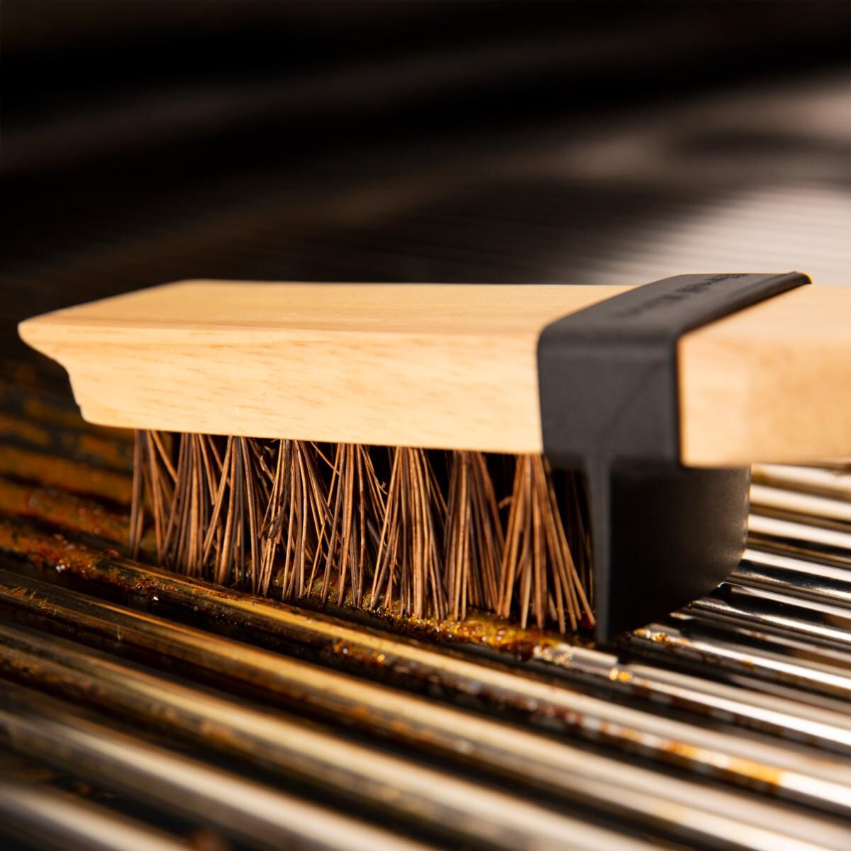 Broil King Wood Grill Brush w/ Heavy/ Long Palmyra Bristles - 65228 - In Use - Detail thumbnail