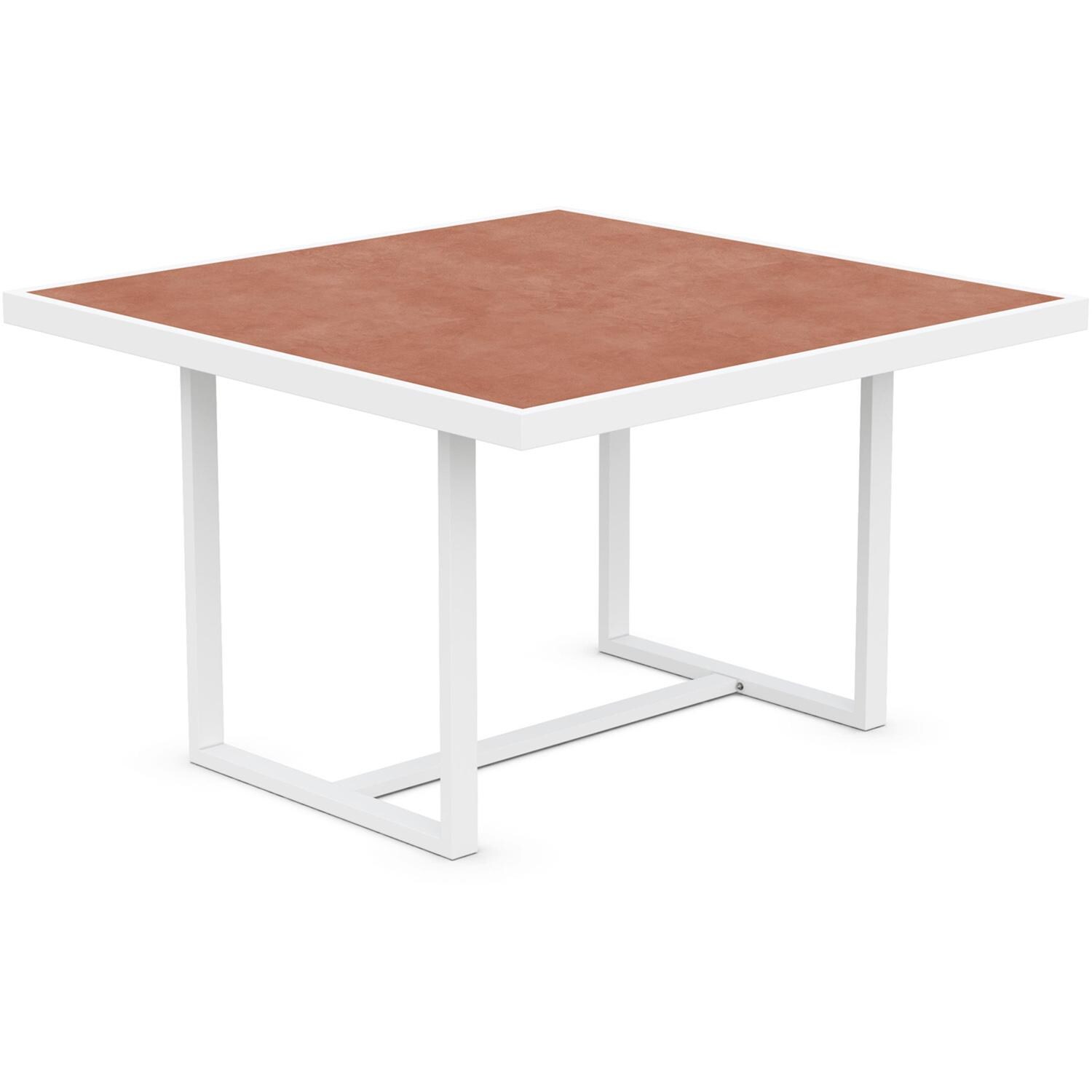 Azzurro Living Pavia 48 Inch White Aluminum Dining Table W/ Umber Dekton Top - Angled - White Background thumbnail