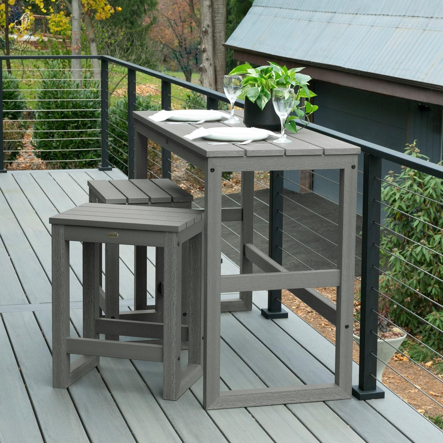 Lakeview Audubon 3 Pc Recycled Plastic Counter Height Balcony Dining Bar Set in Coastal Teak - Angle - Lifestyle thumbnail