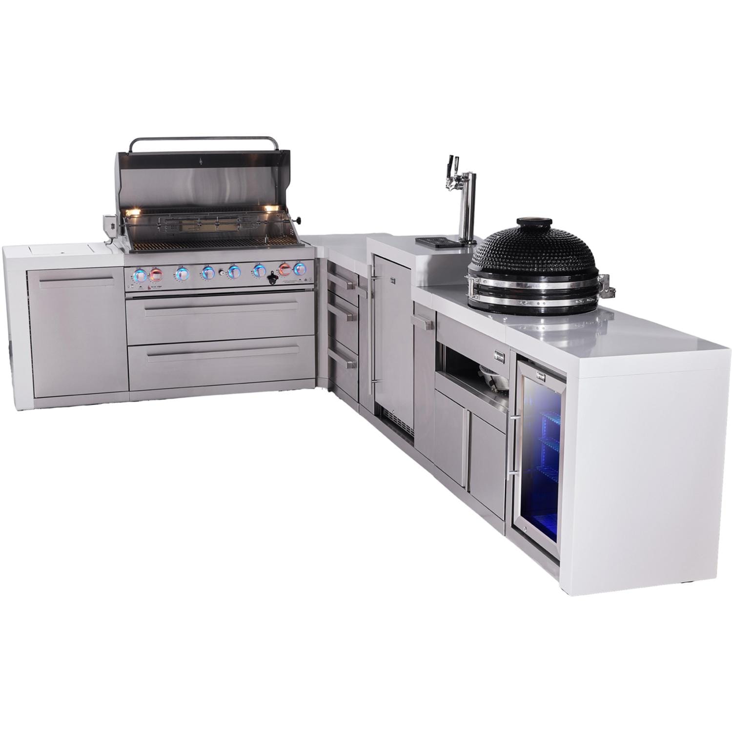 Mont Alpi Deluxe Series 13 Ft L-Shaped Natural Gas Outdoor Kitchen Island w/ 44-in Grill, Side Burner, Kegerator, Fridge, Kamado Module & Triple Drawer (Ships Propane w/ Conversion Kit) - Grill Open - White Background thumbnail
