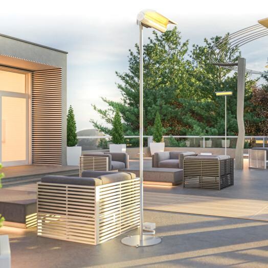 Dimplex DSH Series Infrared Electric Heater, Ceiling Mount Bracket & Permanent Floor Stand - Outdoor Seating Area
